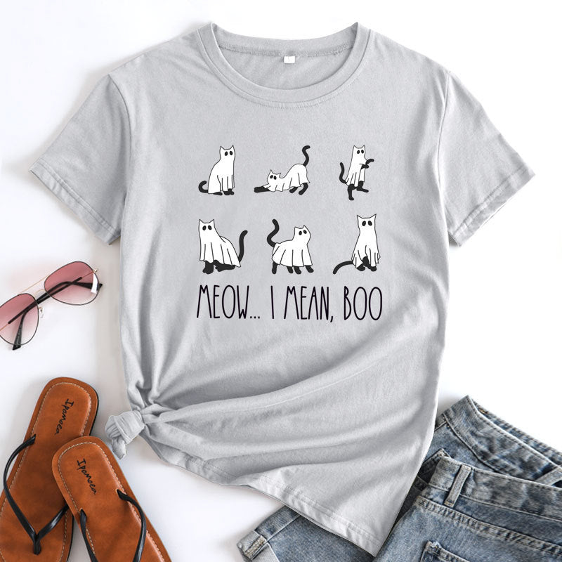 Large Size Loose Halloween Cat Print Cotton Short Sleeve