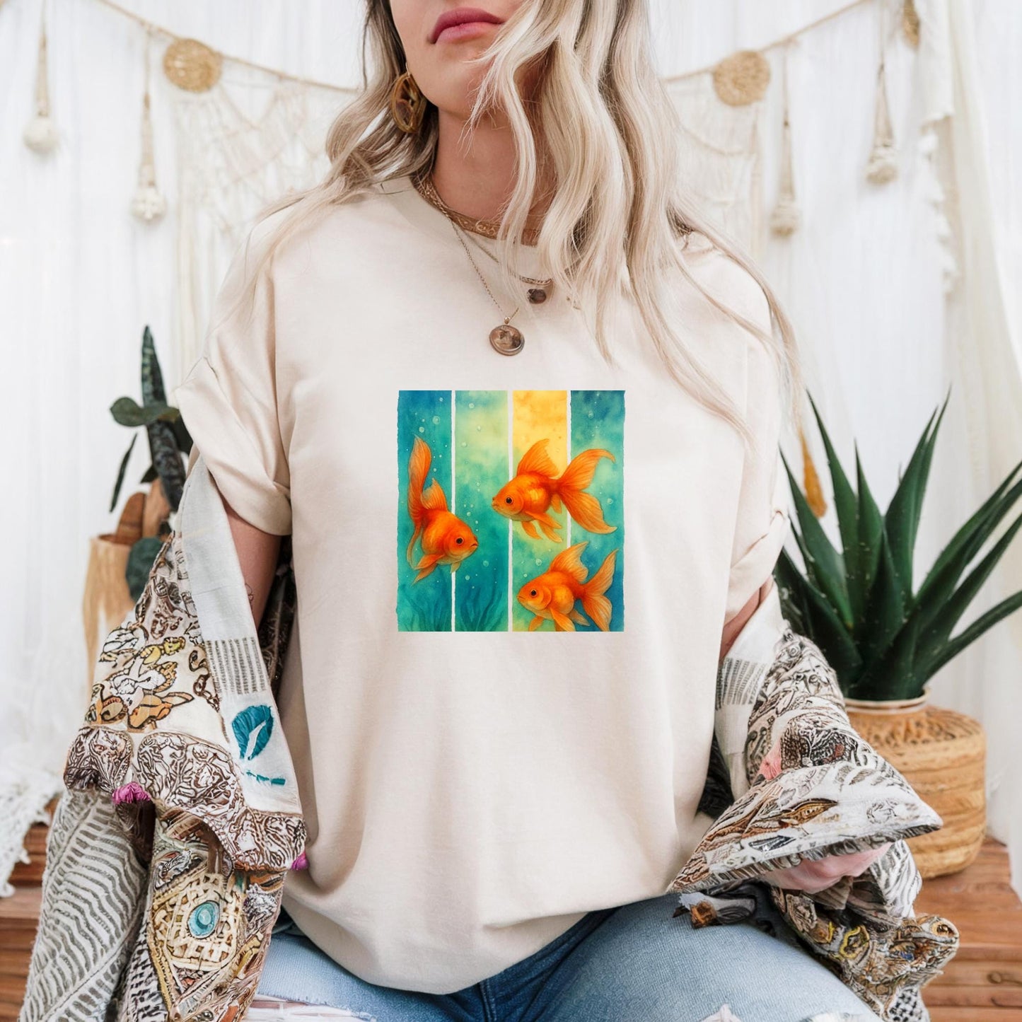 Unisex Heavy Cotton T Shirt Colorful Goldfish Art Tee Aquatic Lovers Gift Fish Enthusiasts Casual Wear Unique Fish Graphic Top Apparel