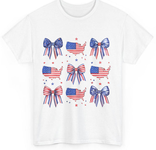 Patriotic Bow Tee, Unisex Heavy Cotton Tee with USA Theme, Great for 4th of July, Barbecues, Family Gatherings, or Everyday Casual Wear