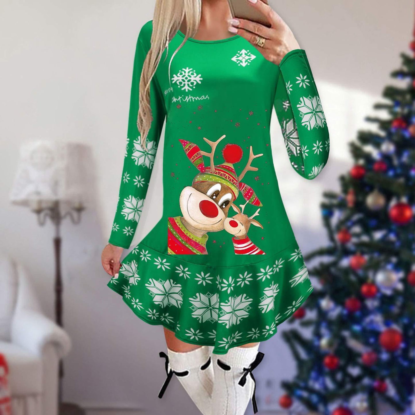 Christmas Snowflake Elk Printing Slimming Dress