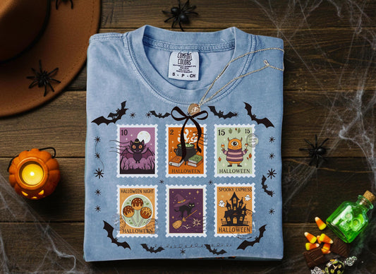 Halloween Stamps T Shirt Comfort Colors Pumpkin Orange Graphic Tee Bat Zombie Witch Haunted House Ghost Cat Potion Skeleton Unisex Gift