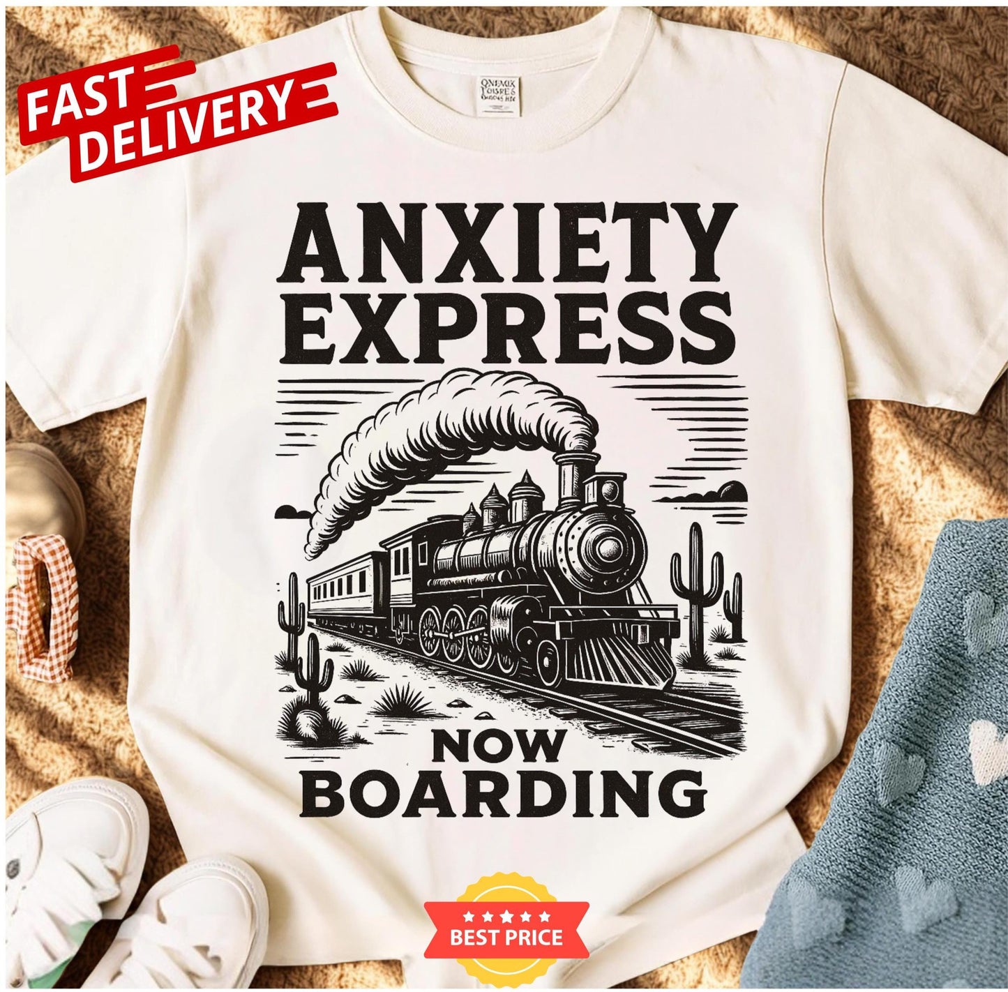 Anxiety Express sarcastic train tee, funny anxiety quote shirt, mental health humor gift, retro oversized unisex t-shirt