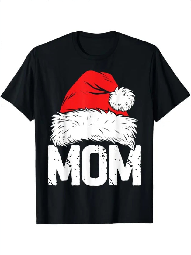 Vintage Style Christmas Santa Hat Applique T-Shirt - Crew Neck, Short Sleeve,  All-Season, Alphabet Pattern  - Festive Mom'S Tee For Holiday Matching Pajamas