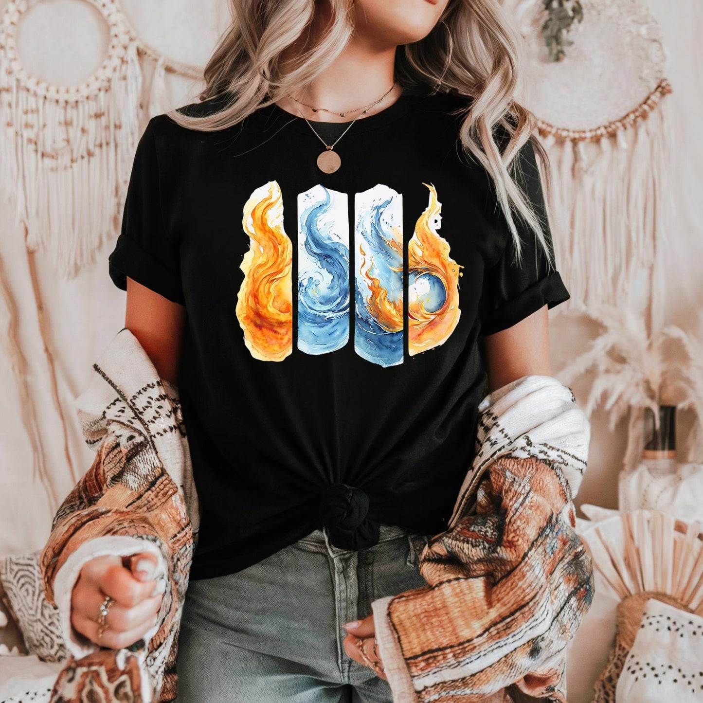 Colorful Flame Graphic Unisex Heavy Cotton Tee, Elemental Fire &amp; Water Graphic Tee, Casual Summer Wear, Artsy Shirt, Gift for Fire Lovers