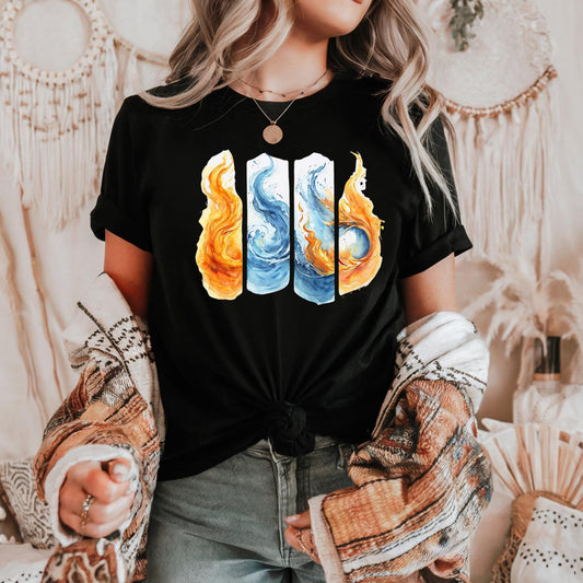 Colorful Flame Graphic Unisex Heavy Cotton Tee, Elemental Fire &amp; Water Graphic Tee, Casual Summer Wear, Artsy Shirt, Gift for Fire Lovers