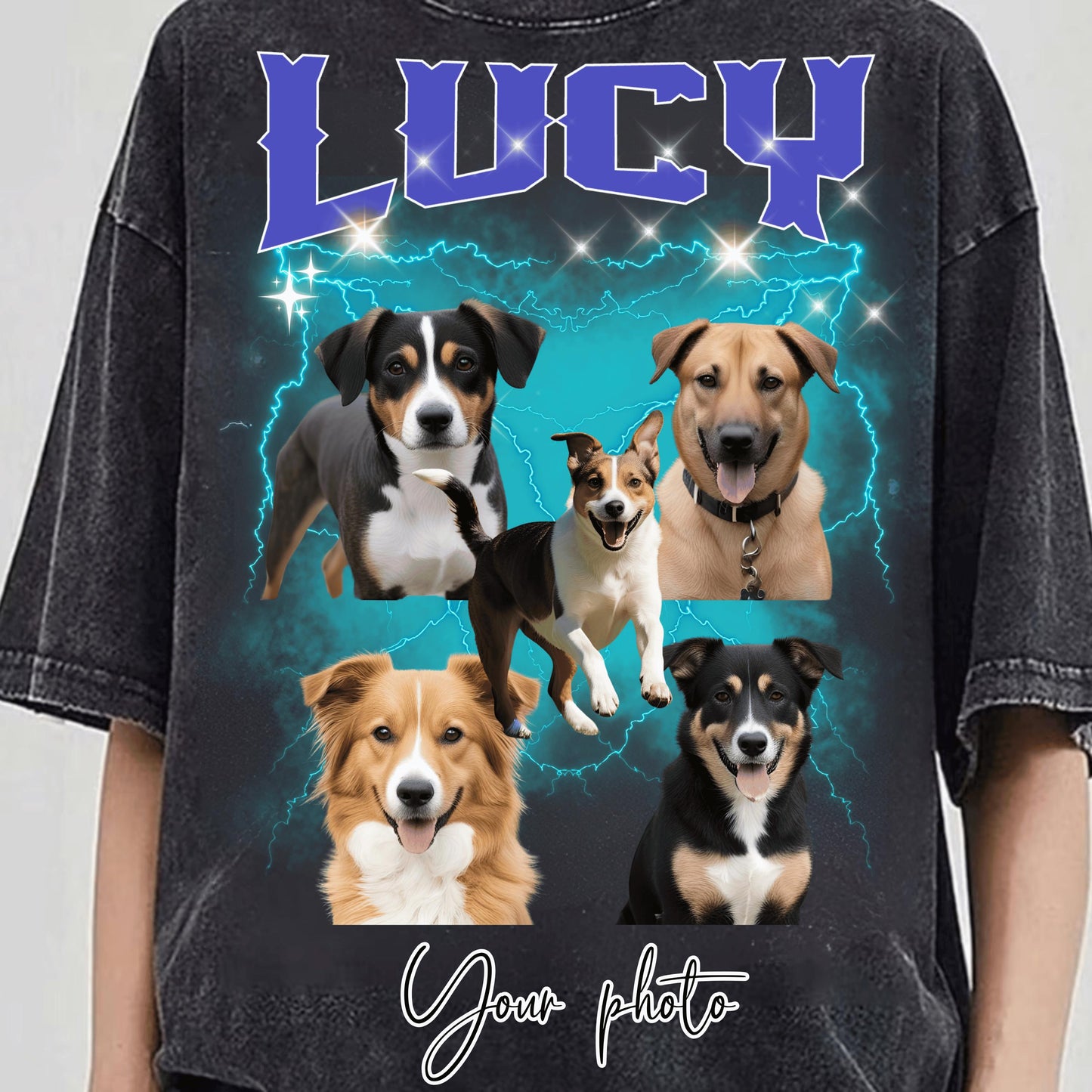 A black vintage-style t-shirt showcases a custom collage of five dog portraits, arranged over a bold electric teal lightning background with sparkles. At the top, the name “LUCY” appears in large purple varsity-style font, while “Your photo” is written at the bottom in a modern script. This custom pet shirt is ideal as a personalized gift for dog lovers, pet parents, or as a memorial keepsake. Trendy bootleg-inspired design for unique pet apparel with a sentimental touch.