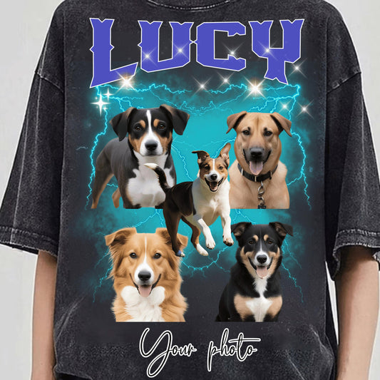 A black vintage-style t-shirt showcases a custom collage of five dog portraits, arranged over a bold electric teal lightning background with sparkles. At the top, the name “LUCY” appears in large purple varsity-style font, while “Your photo” is written at the bottom in a modern script. This custom pet shirt is ideal as a personalized gift for dog lovers, pet parents, or as a memorial keepsake. Trendy bootleg-inspired design for unique pet apparel with a sentimental touch.