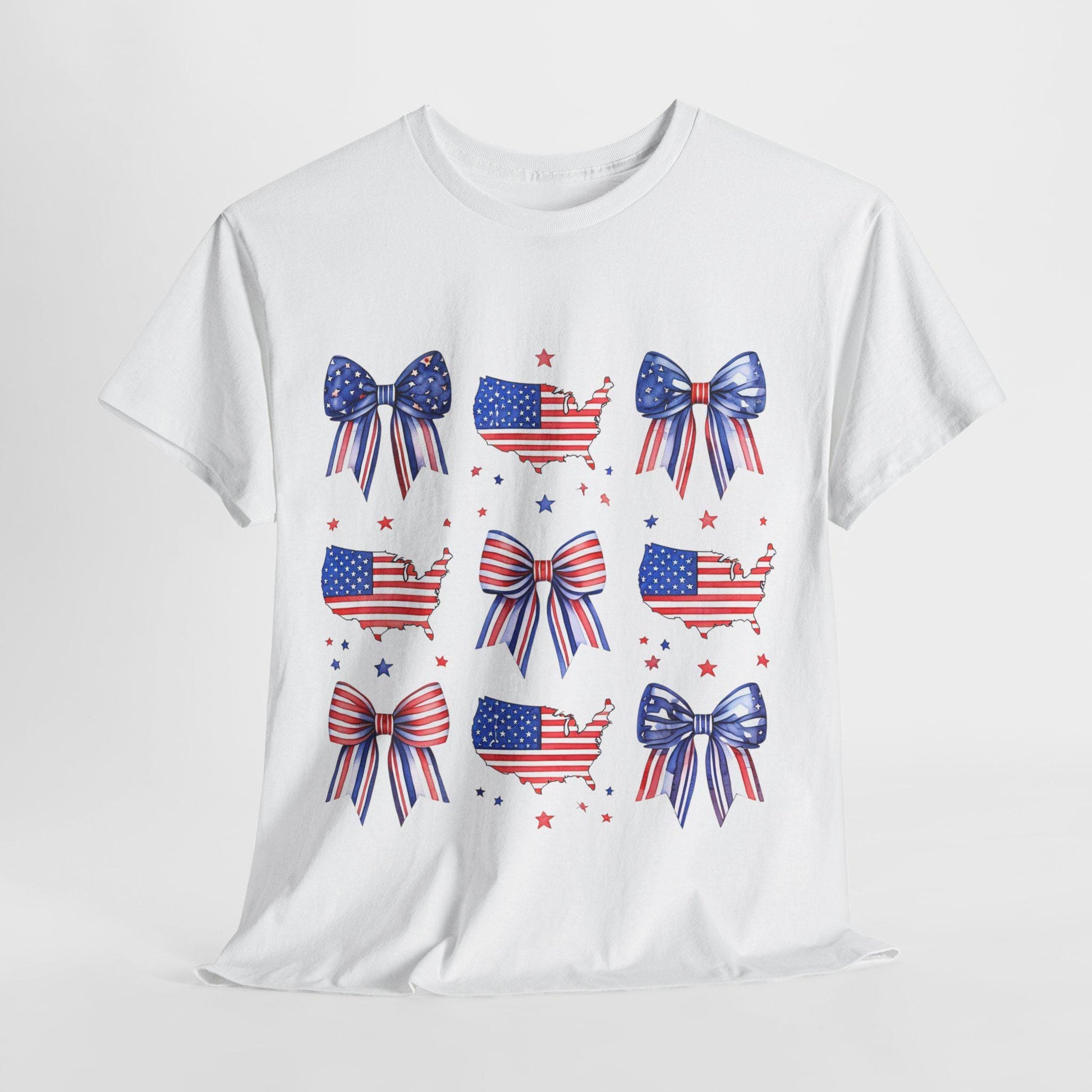 Patriotic Bow Tee, Unisex Heavy Cotton Tee with USA Theme, Great for 4th of July, Barbecues, Family Gatherings, or Everyday Casual Wear