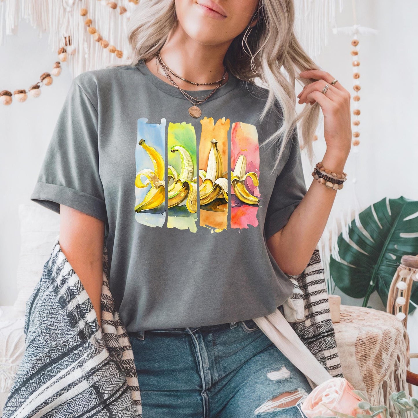 Colorful Banana Unisex Heavy Cotton Tee, Fruit Lover Shirt, Fun Graphic Tee, Gift for Foodies, Summer Fashion, Peeled Banana Art Tee