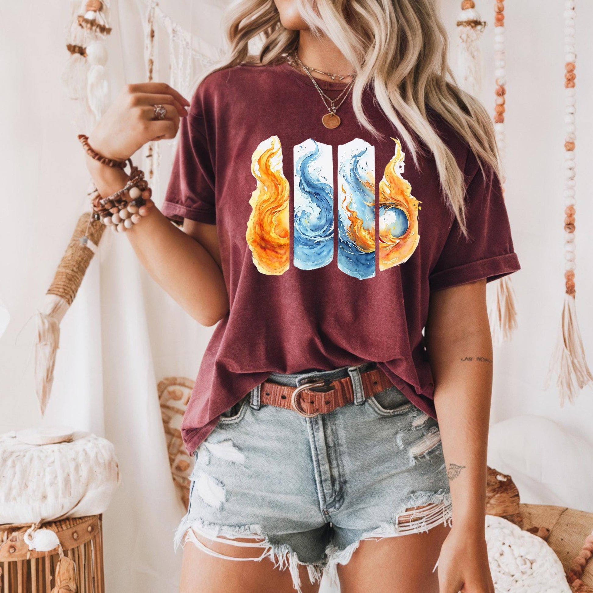 Colorful Flame Graphic Unisex Heavy Cotton Tee, Elemental Fire & Water Graphic Tee, Casual Summer Wear, Artsy Shirt, Gift for Fire Lovers