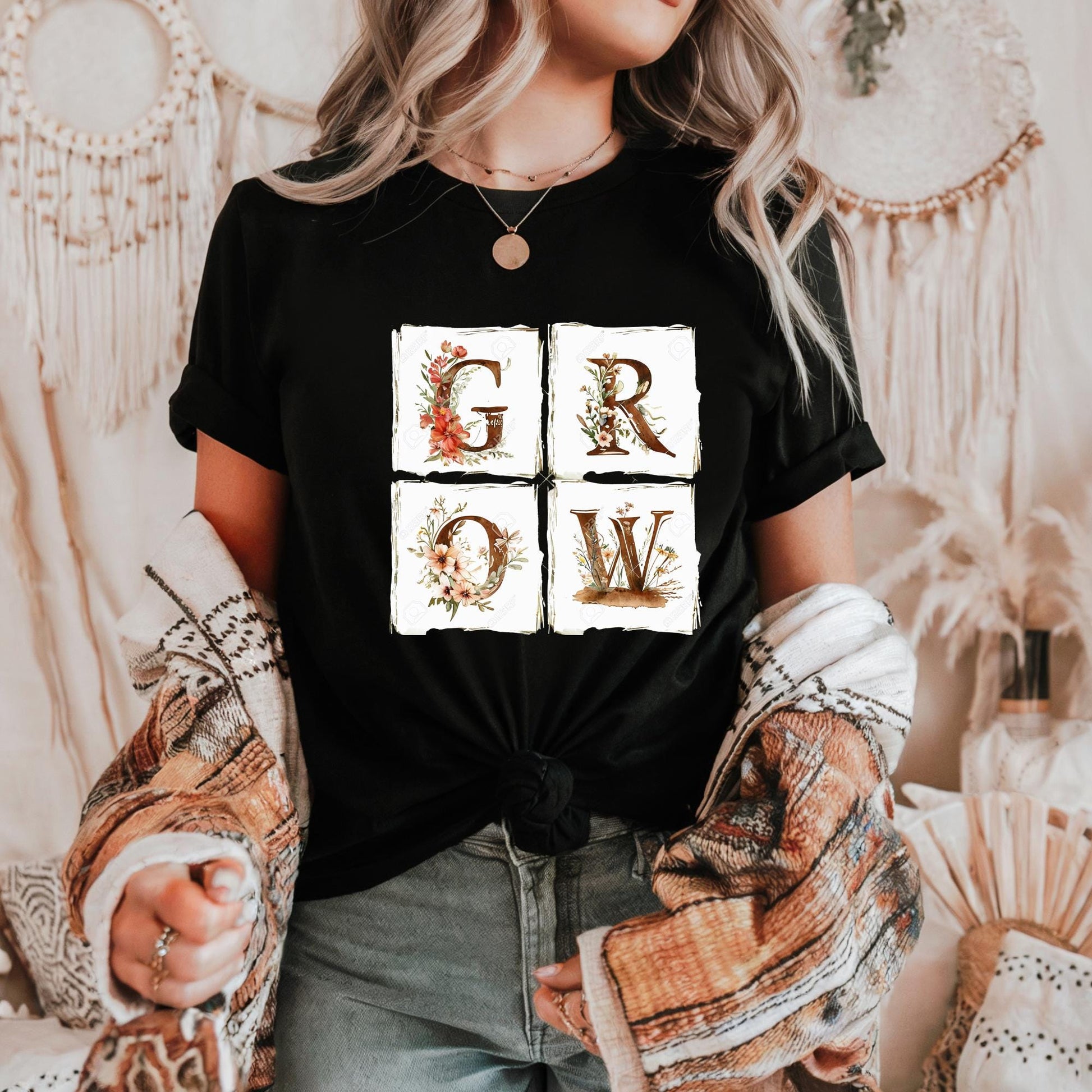 GROW Floral Lettering Tee | Organic Cotton Botanical Growth T-Shirt | Unisex Garden Quote Graphic | Relaxed Fit Nature Lover Gift