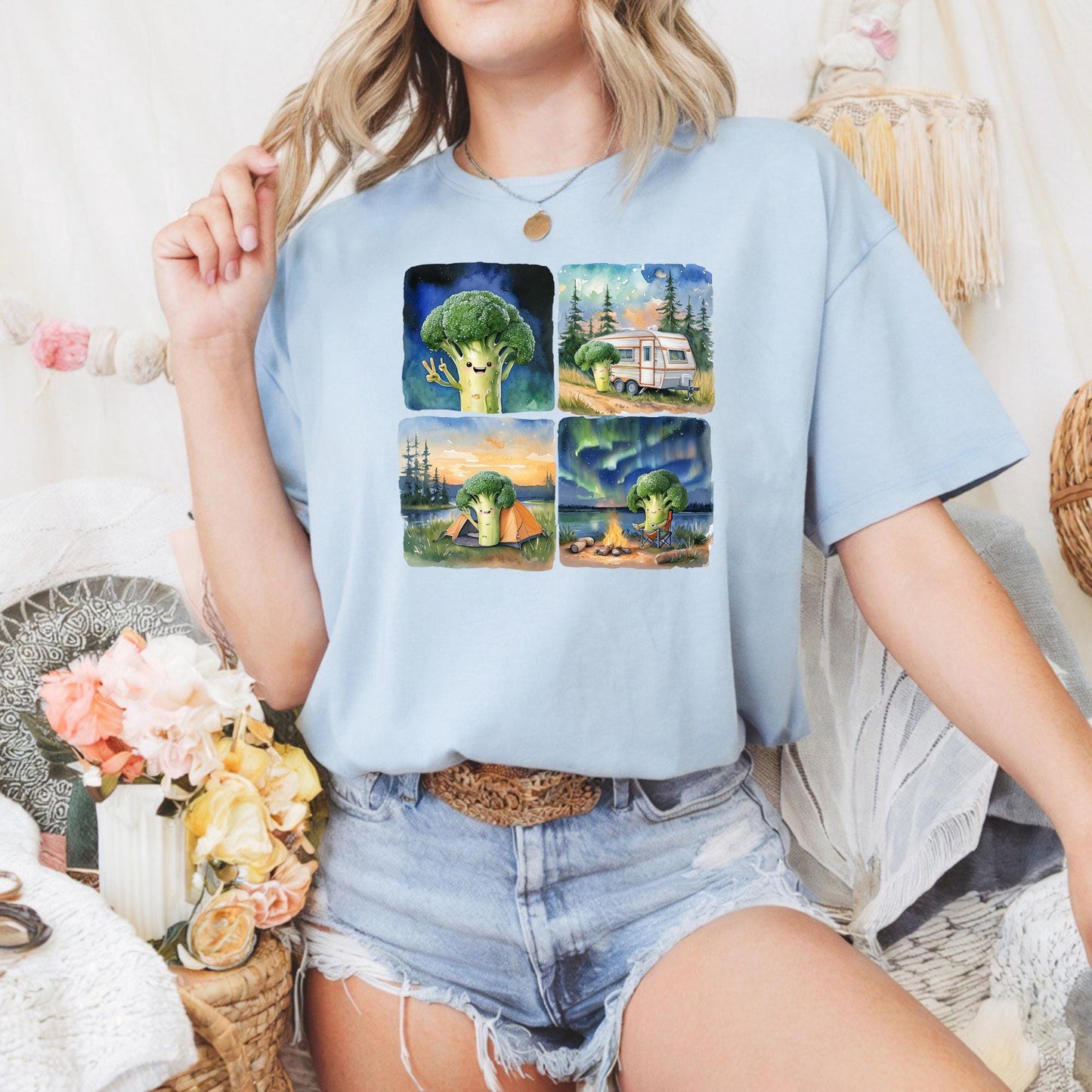 Whimsical Broccoli Adventure Tee, Unisex Cotton T-Shirt, Funny Food Shirt, Casual Wear Gift for Foodies, Quirky Style, Camping Broccoli Tee