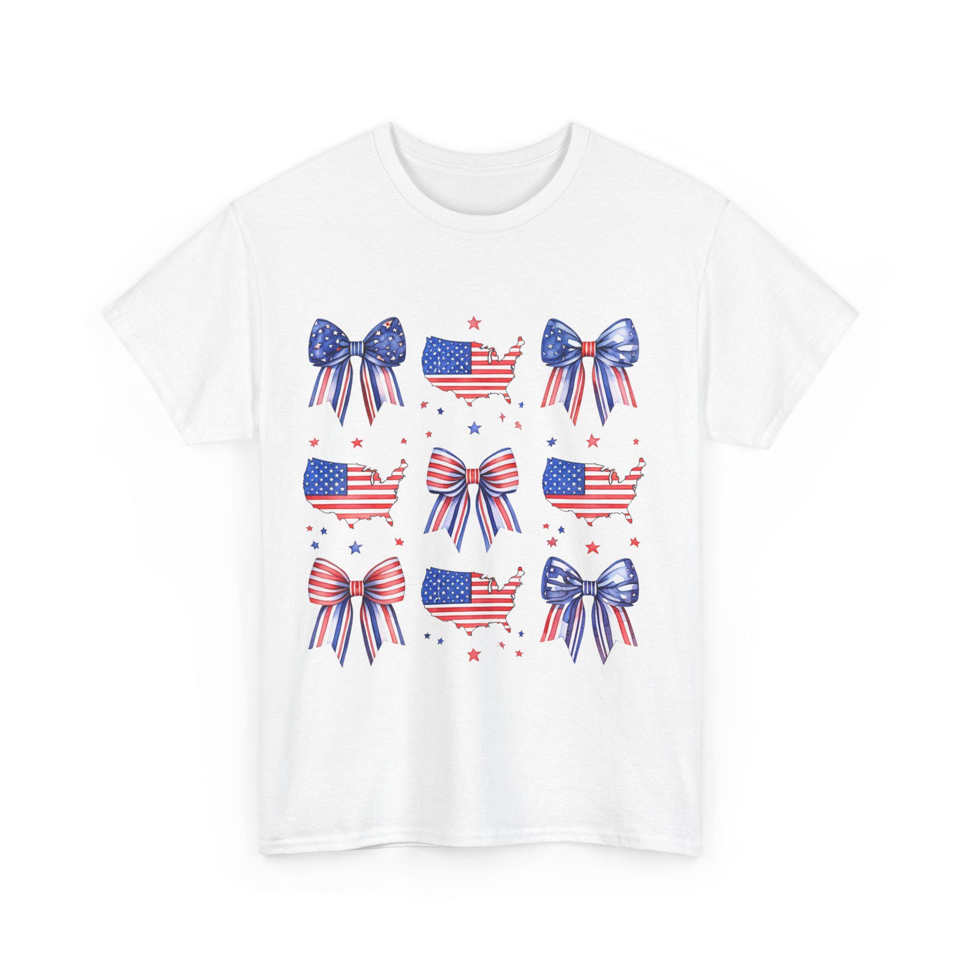 Patriotic Bow Tee, Unisex Heavy Cotton Tee with USA Theme, Great for 4th of July, Barbecues, Family Gatherings, or Everyday Casual Wear