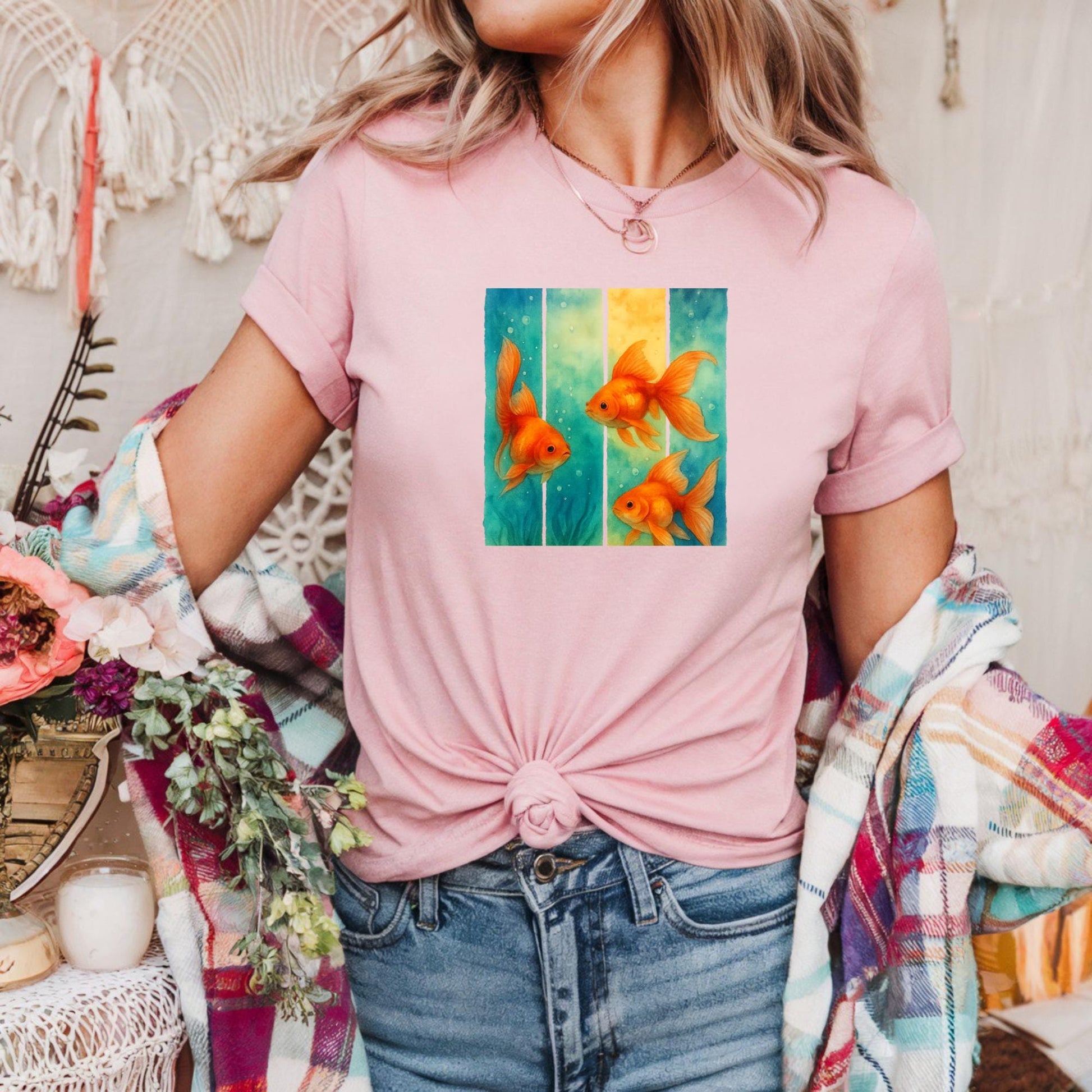 Unisex Heavy Cotton T Shirt Colorful Goldfish Art Tee Aquatic Lovers Gift Fish Enthusiasts Casual Wear Unique Fish Graphic Top Apparel