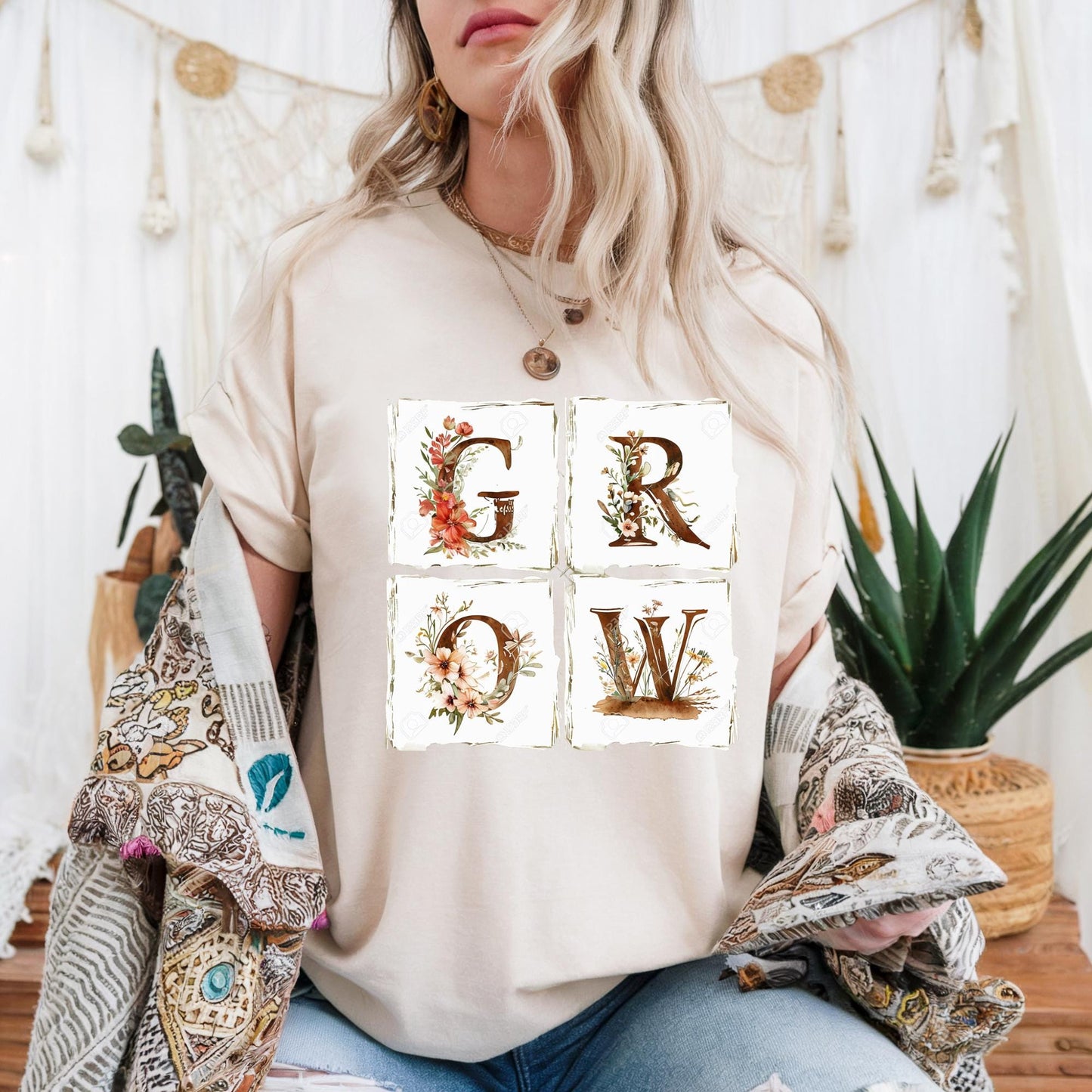 GROW Floral Lettering Tee | Organic Cotton Botanical Growth T-Shirt | Unisex Garden Quote Graphic | Relaxed Fit Nature Lover Gift