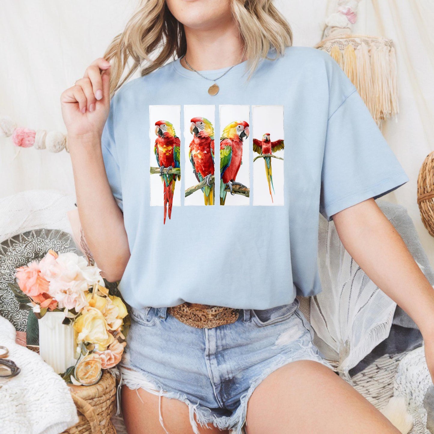 Vibrant Tropical Parrot Graphic Tee Casual Wear Bird Lover Gift Nature T Shirt Summer Outing Eco Friendly Fashion Colorful Avian Graphic