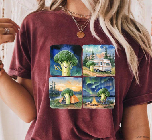 Whimsical Broccoli Adventure Tee, Unisex Cotton T-Shirt, Funny Food Shirt, Casual Wear Gift for Foodies, Quirky Style, Camping Broccoli Tee