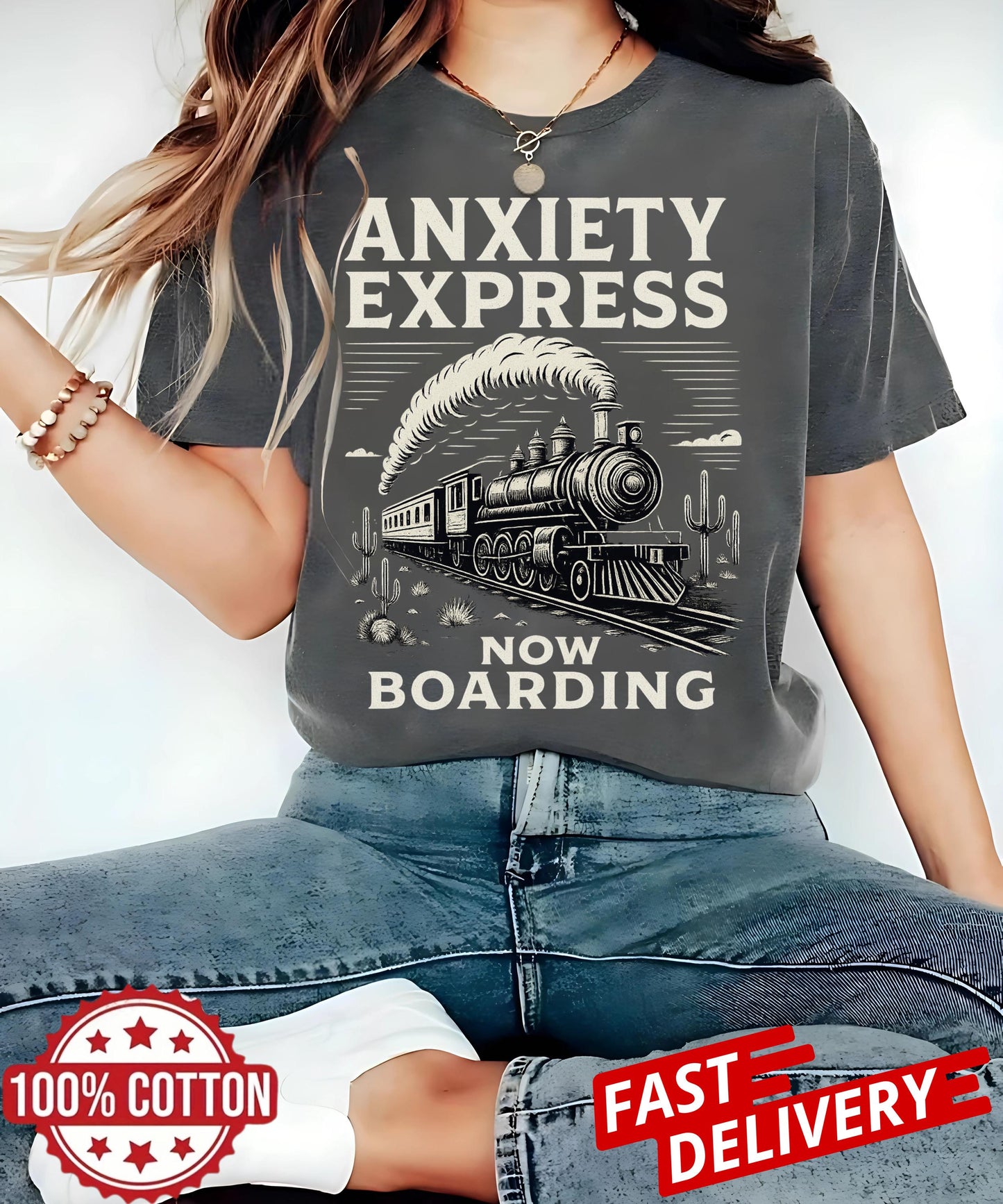 Anxiety Express sarcastic train tee, funny anxiety quote shirt, mental health humor gift, retro oversized t-shirt unisex