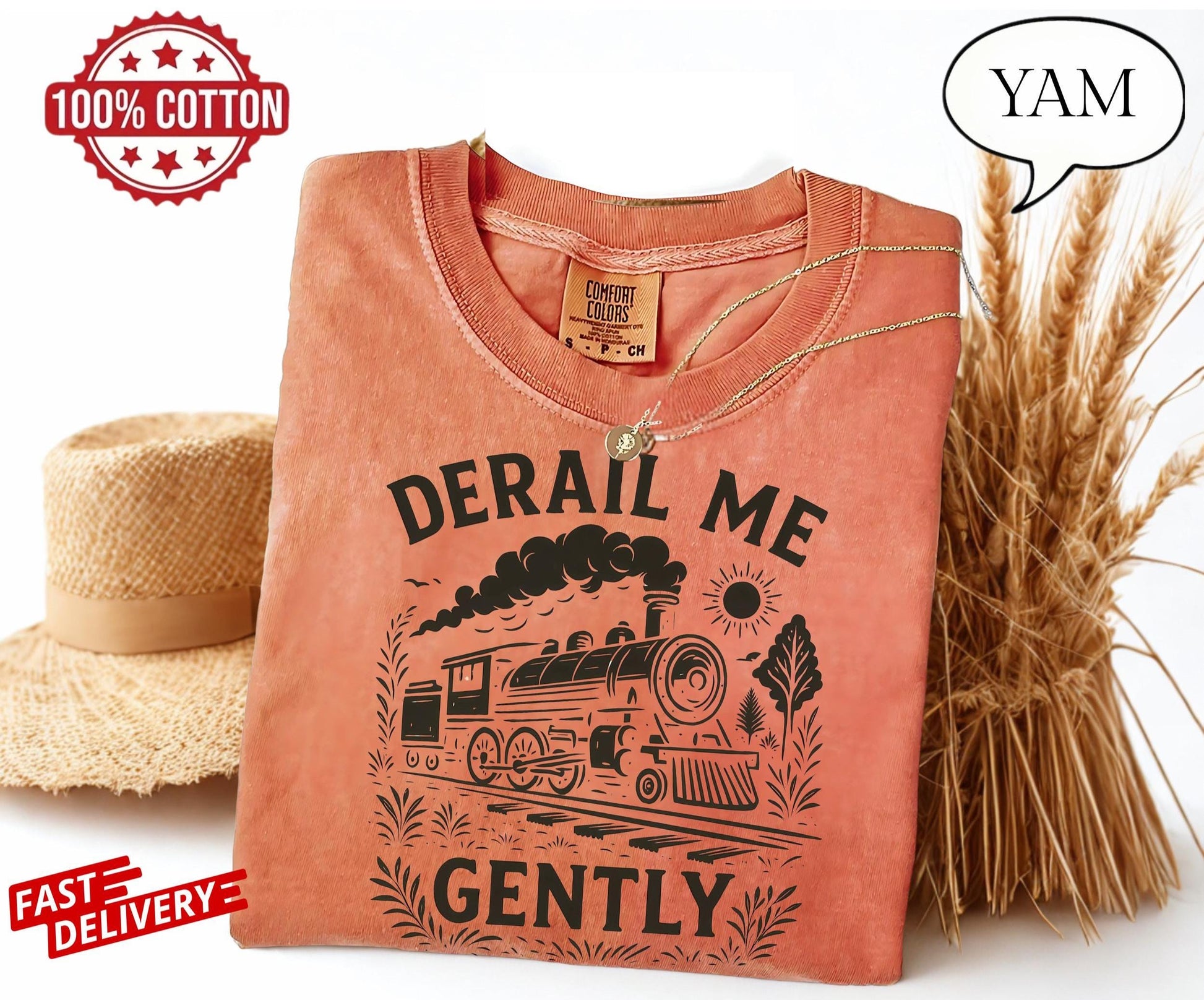 train lovers graphic tee with derail me gently quote, unisex soft t-shirt featuring vintage locomotive art and retro sarcastic humor