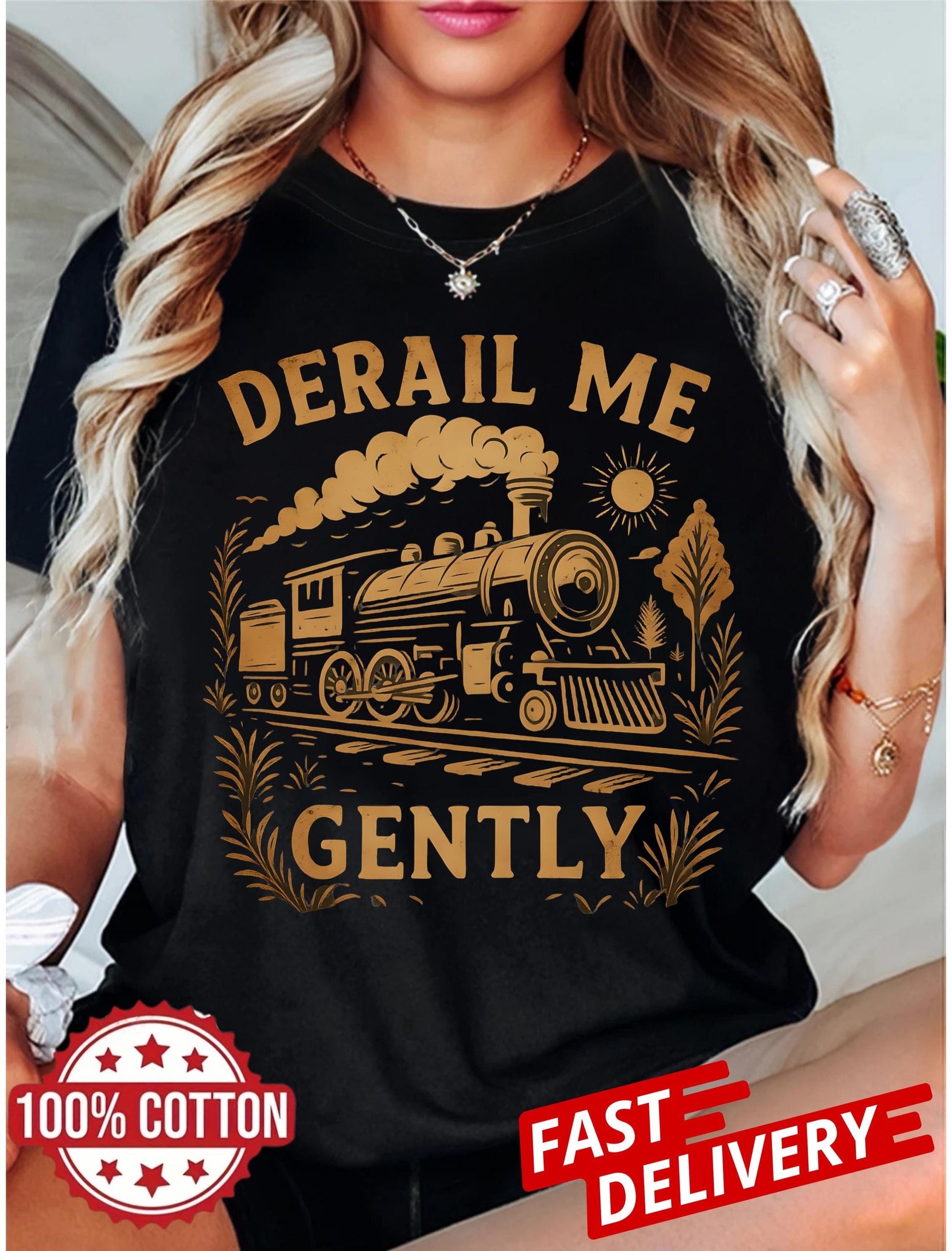 sarcastic gift for adults ,derail me gently t-shirt with locomotive design, vintage train art tee in unisex fit and retro style