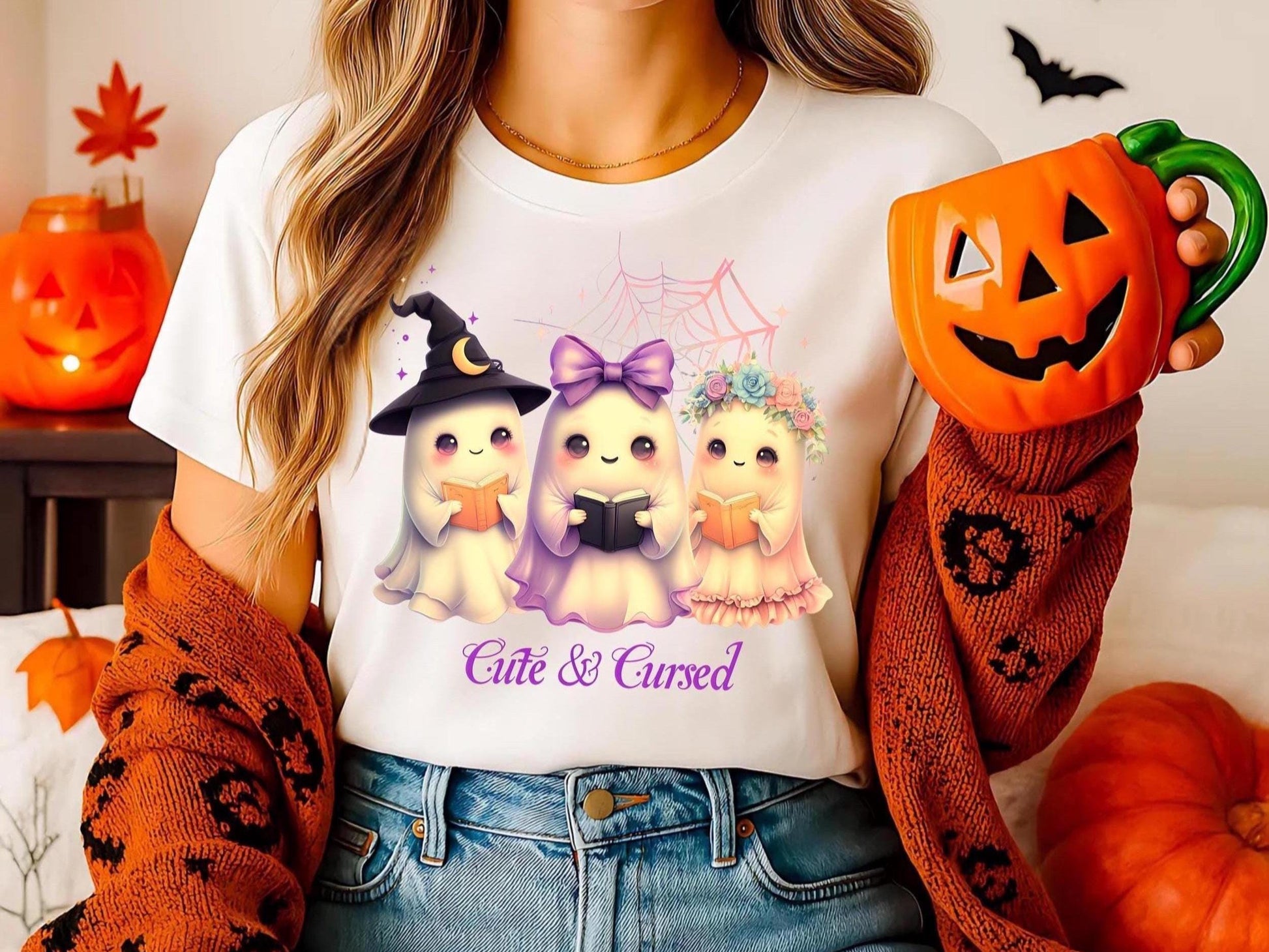 Cute & Cursed Ghost T-shirt - Spooky Cute Halloween Shirt for Magic Lovers - Unisex Kawaii Ghost Tee for Halloween Fun