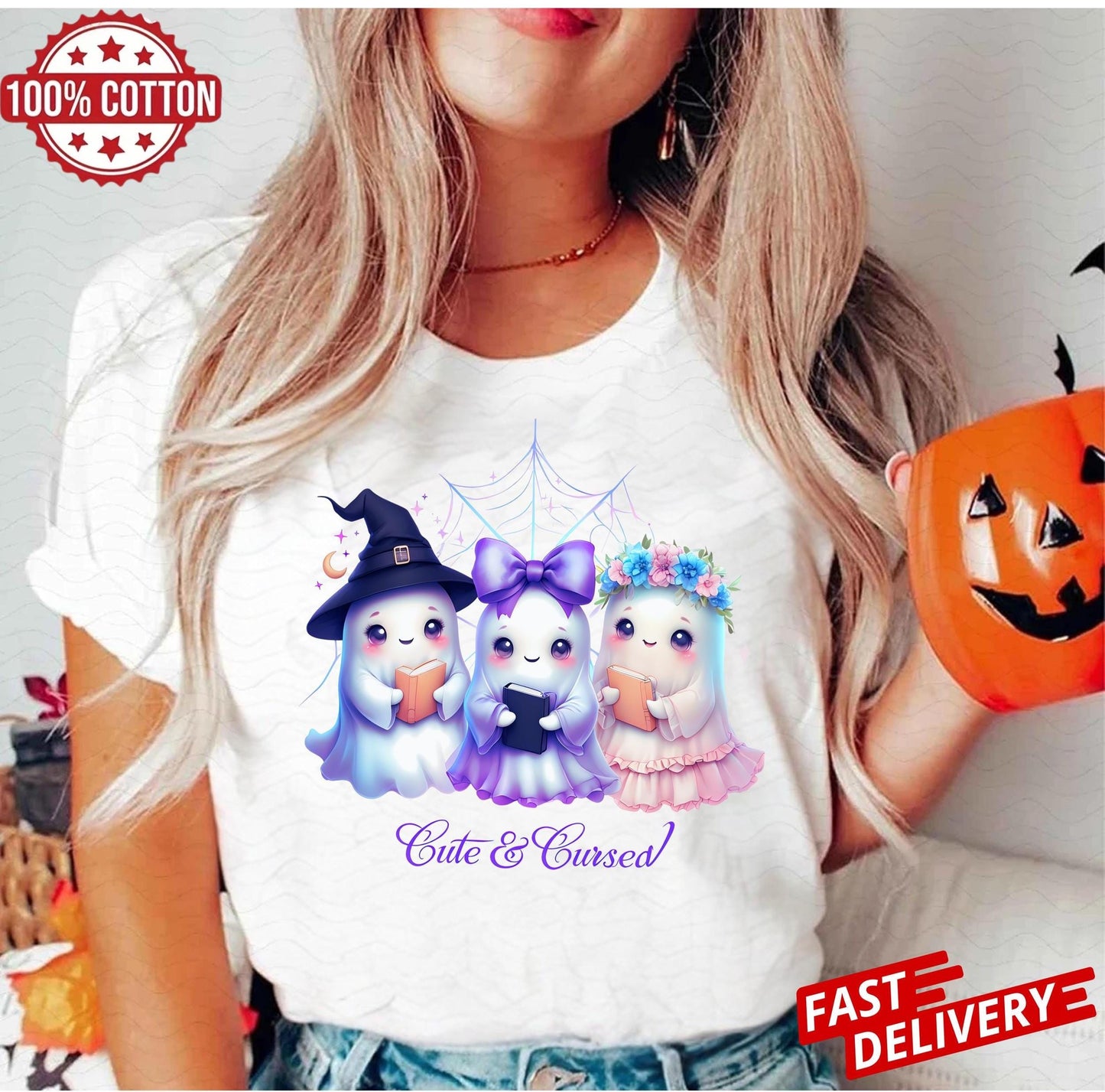 White cotton t-shirt with a centered graphic print. The illustration features three kawaii-style mice: on the left, a gray mouse wearing a black witch hat and holding an orange pumpkin; in the middle, a white mouse with a large pink bow; on the right, a brown mouse with an autumn floral crown. The design uses soft, pastel colors, creating a cheerful and whimsical Halloween vibe.