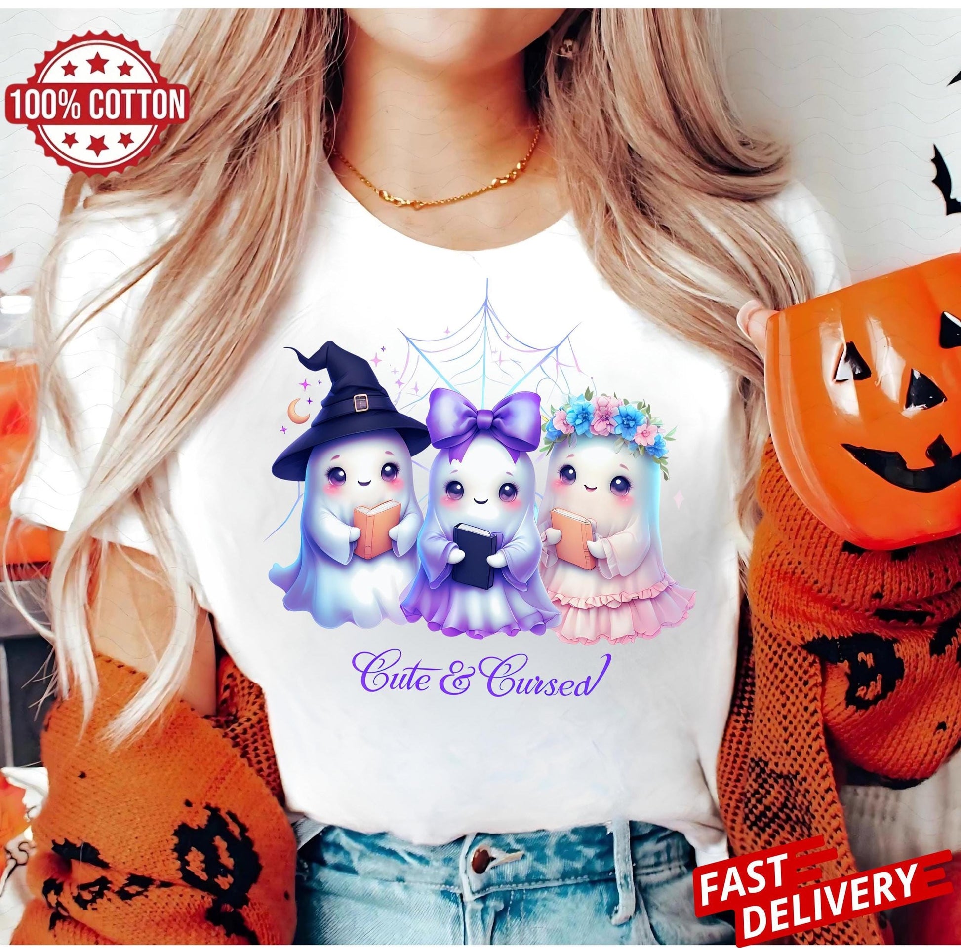 White cotton t-shirt with a centered graphic print. The illustration features three kawaii-style mice: on the left, a gray mouse wearing a black witch hat and holding an orange pumpkin; in the middle, a white mouse with a large pink bow; on the right, a brown mouse with an autumn floral crown. The design uses soft, pastel colors, creating a cheerful and whimsical Halloween vibe.
