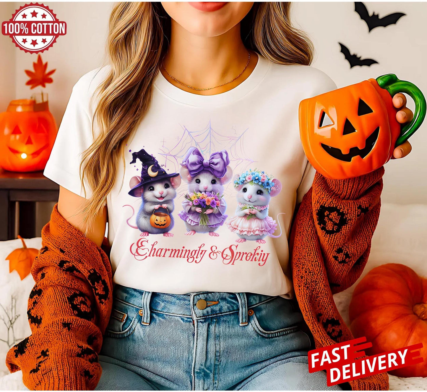 Cute Halloween Mouse Shirt for Women, Kawaii Spooky Season Tee,Fall Festival Graphic Top,Autumn Gift Idea, Witch Mouse Shirt
