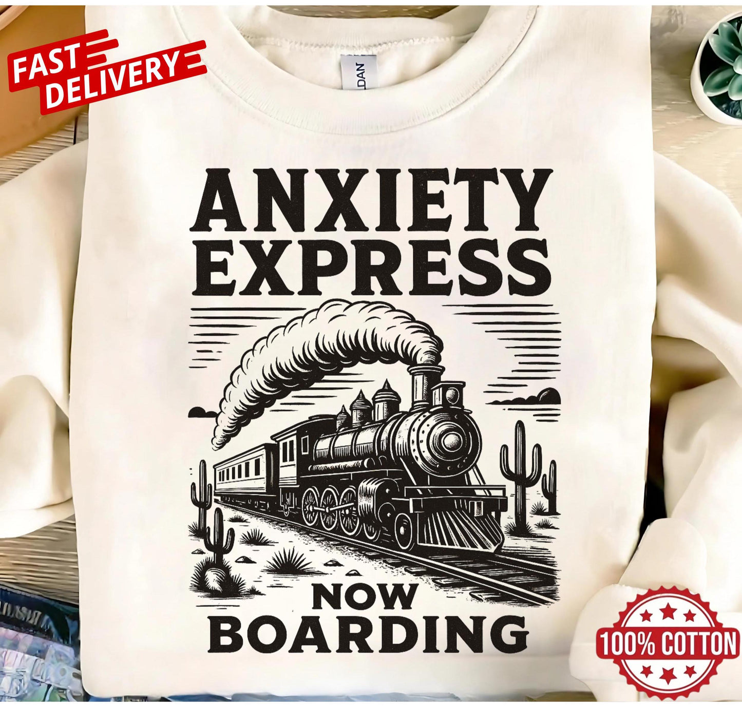 Anxiety Express sarcastic train tee, funny anxiety quote shirt, mental health humor gift, retro oversized t-shirt unisex