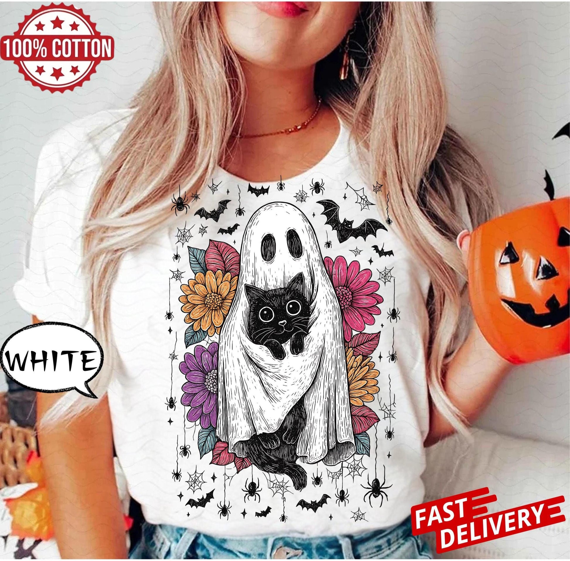 Retro Halloween Ghost And Cat shirt, Spooky Ghost , Preppy Floral Halloween tee, Boo Halloween , Funny Halloween t-shirt, Black Cat png