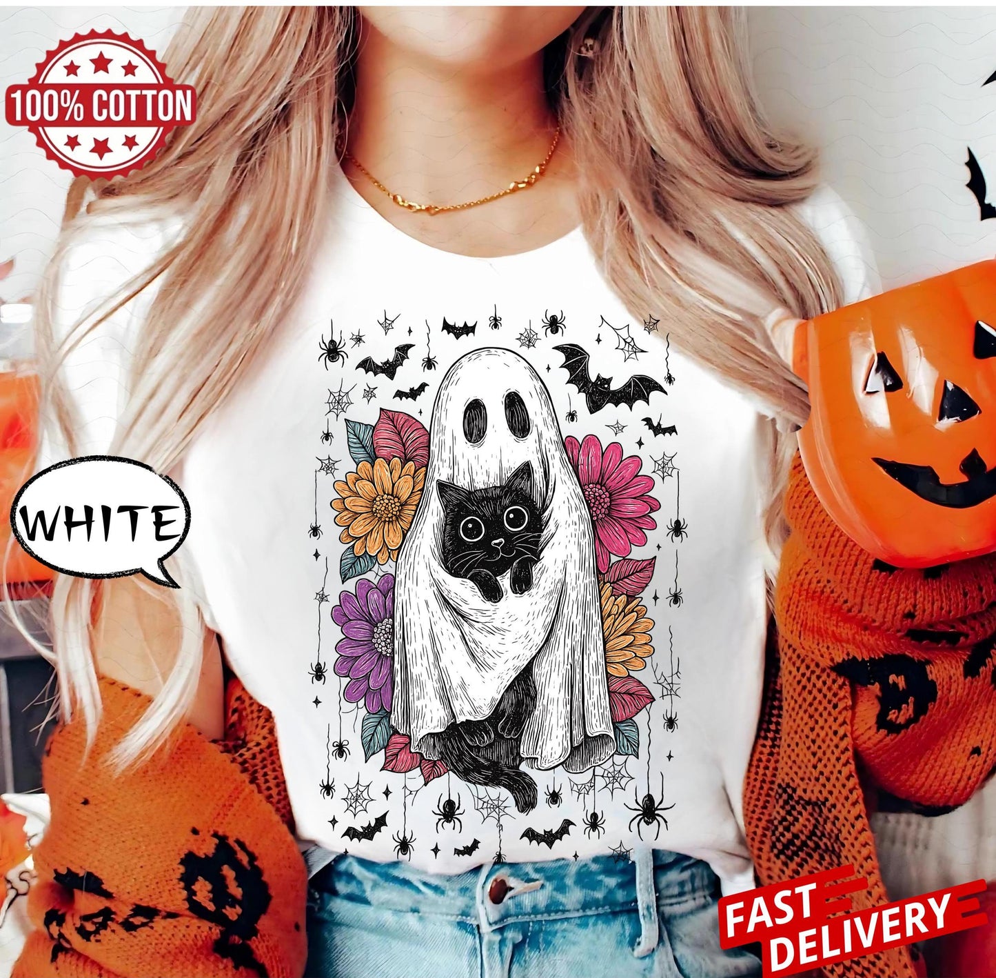 Retro Halloween Ghost And Cat shirt, Spooky Ghost , Preppy Floral Halloween tee, Boo Halloween , Funny Halloween t-shirt, Black Cat png