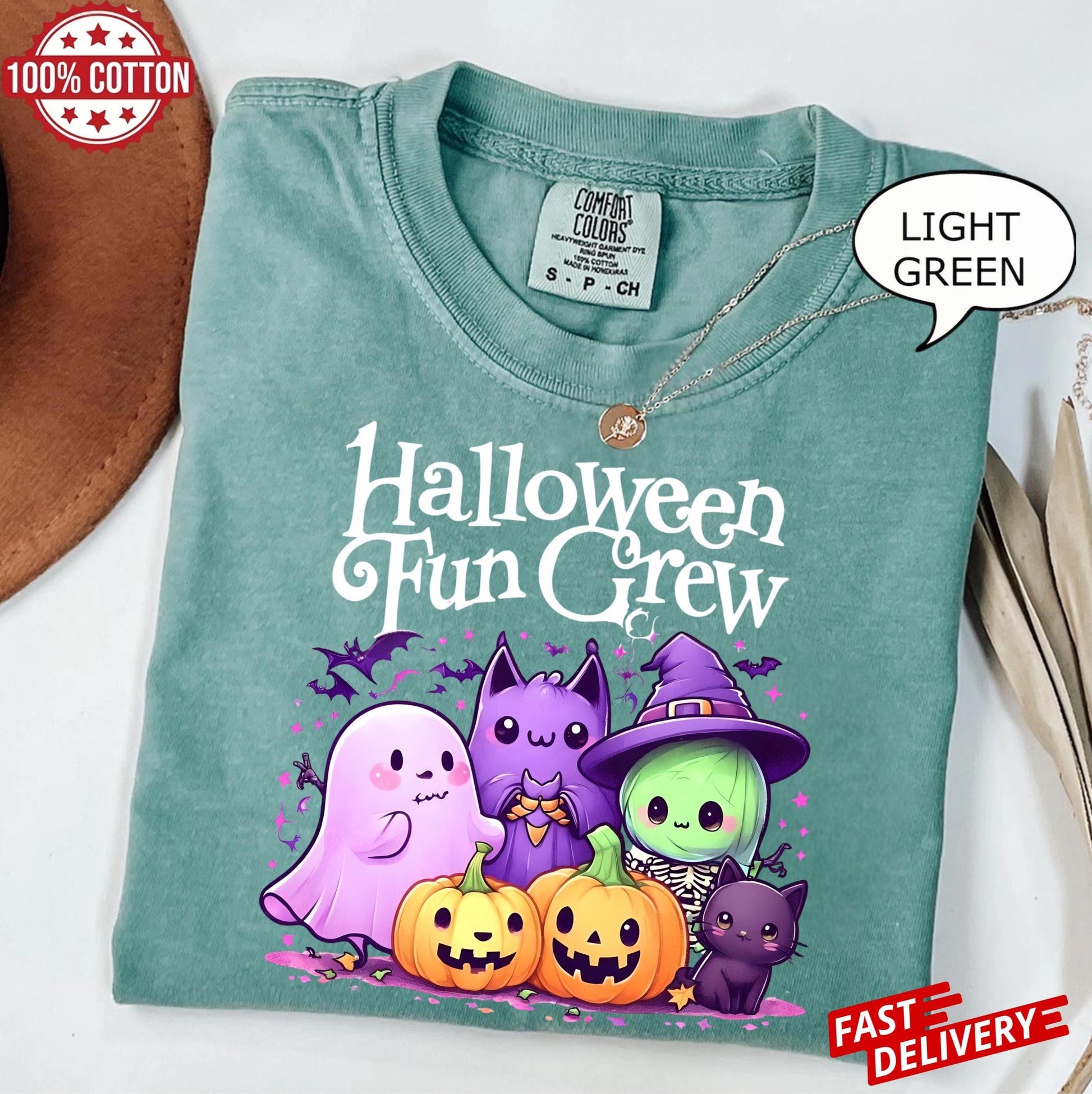 Comfort Colors Halloween Shirt,Cute Spooky Season Tee with Ghost Bat Witch Cat Pumpkins ,Kawaii Fall Graphic Top, Autumn Party Outfit