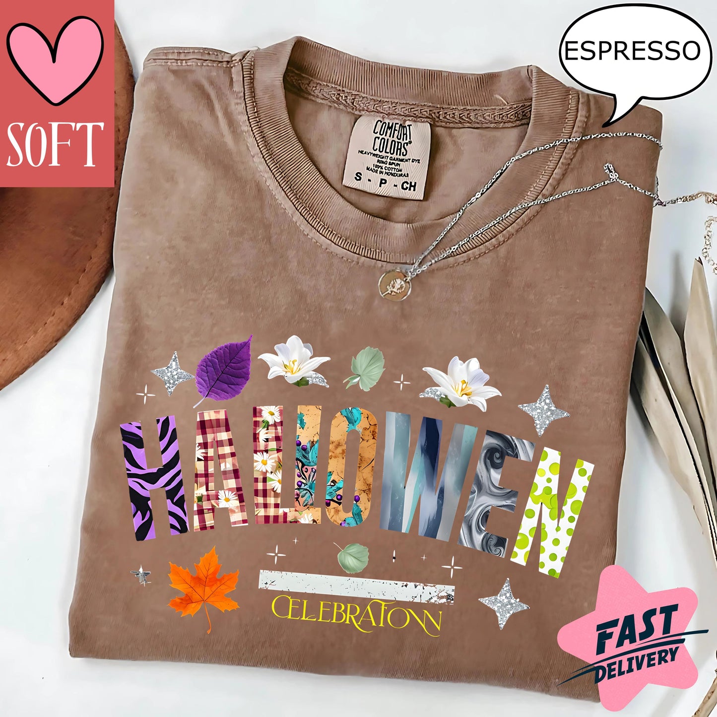 Comfort Colors® Halloween Celebration Tee Vintage Retro Fall Shirt Autumn Leaves Spooky Season Graphic T-Shirt for October Events