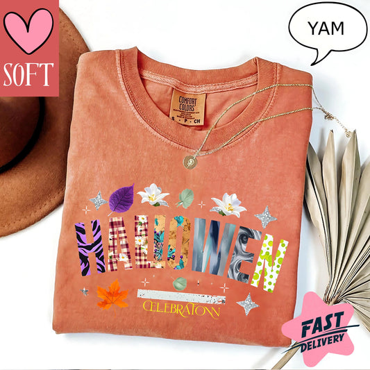 Comfort Colors® Halloween Celebration Tee Vintage Retro Fall Shirt Autumn Leaves Spooky Season Graphic T-Shirt for October Events