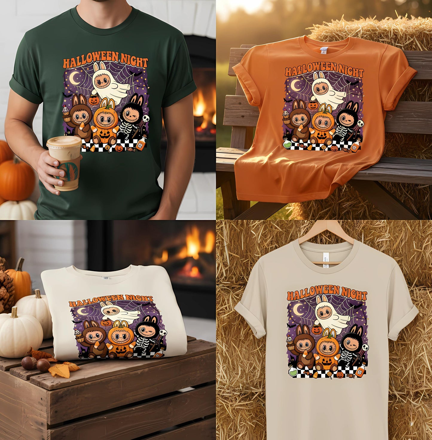 Halloween Night Shirt, Cute Kawaii Pumpkin Ghost Skeleton Monster Graphic Tee, Unisex Funny Spooky Party Gift, Labubu Shirt Halloween,Labubu