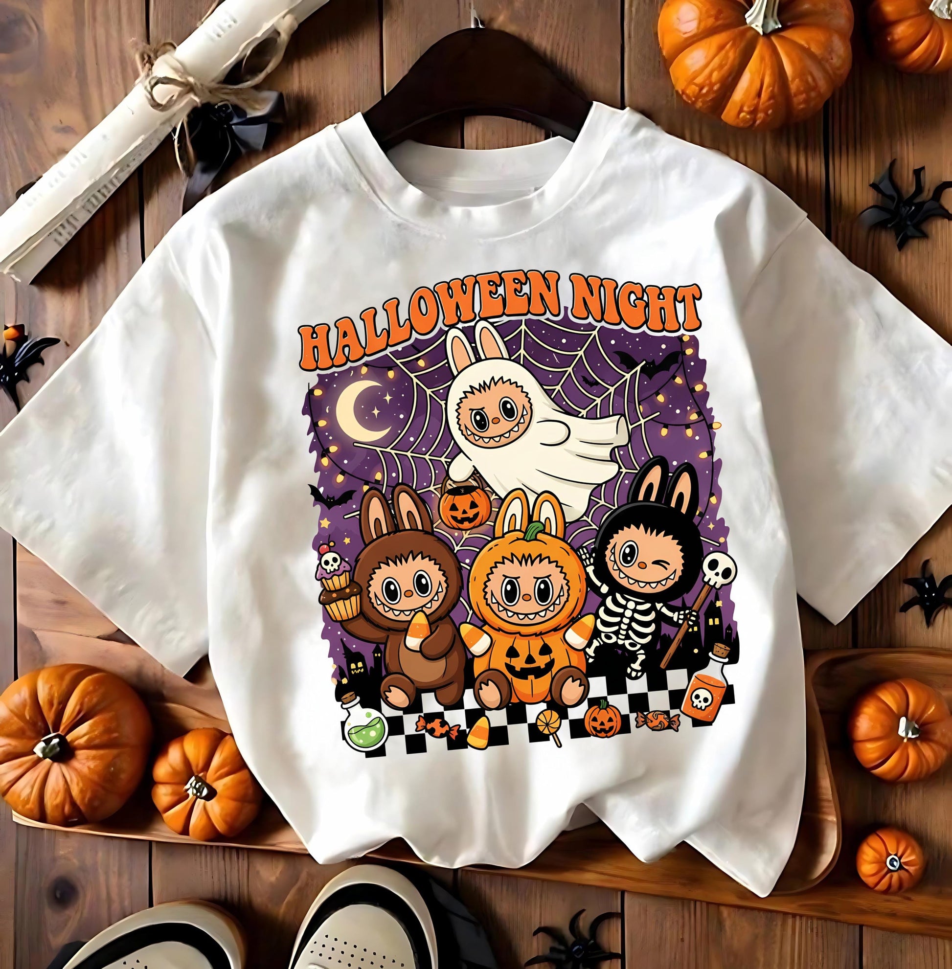 Halloween Night Shirt, Cute Kawaii Pumpkin Ghost Skeleton Monster Graphic Tee, Unisex Funny Spooky Party Gift, Labubu Shirt Halloween,Labubu