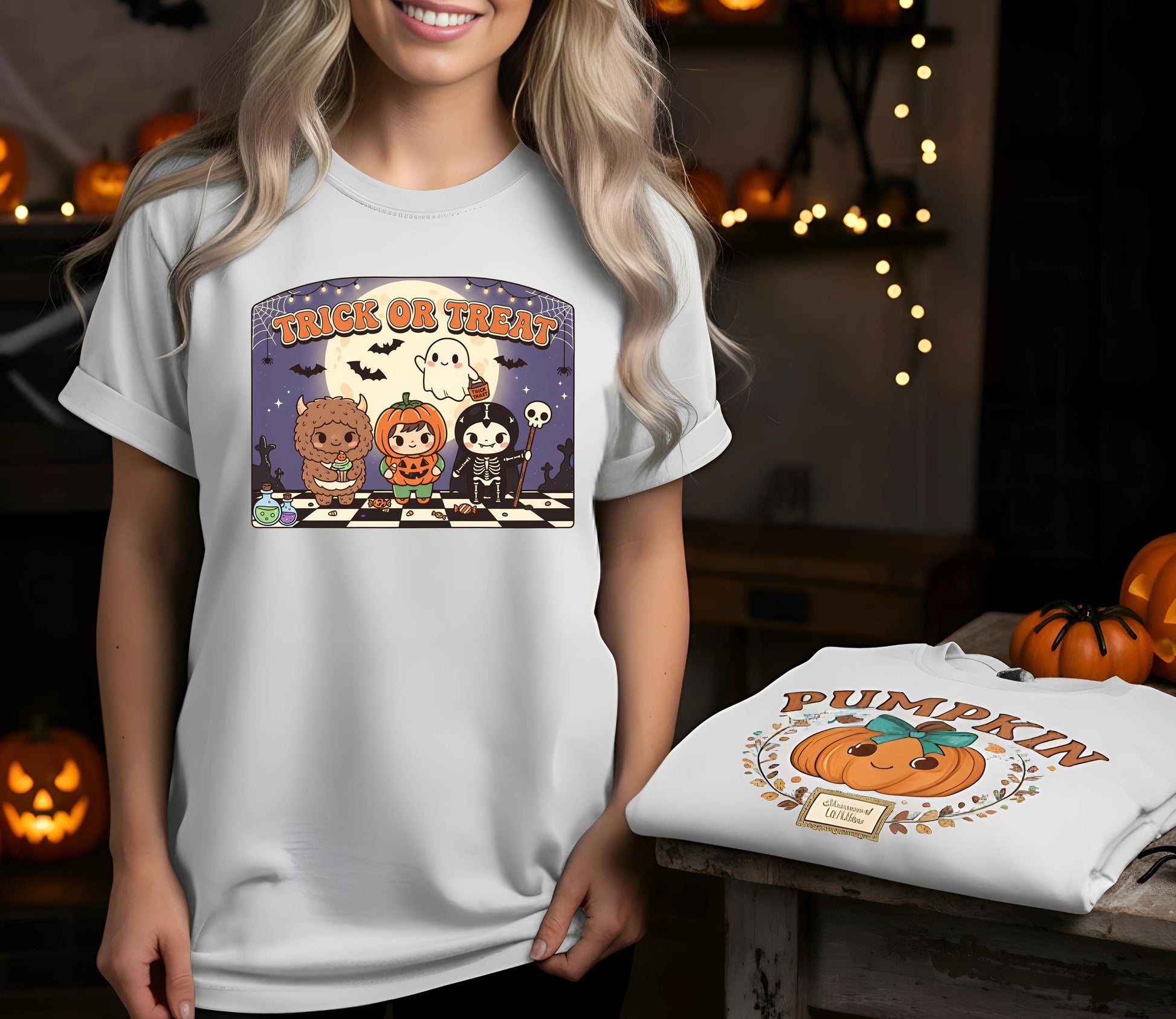 Kawaii Trick Or Treat T Shirt Cute Halloween Pumpkin Ghost Skeleton Monster Graphic Tee Unisex Spooky Labubu Shirt, Halloween,LaBubu Bunny