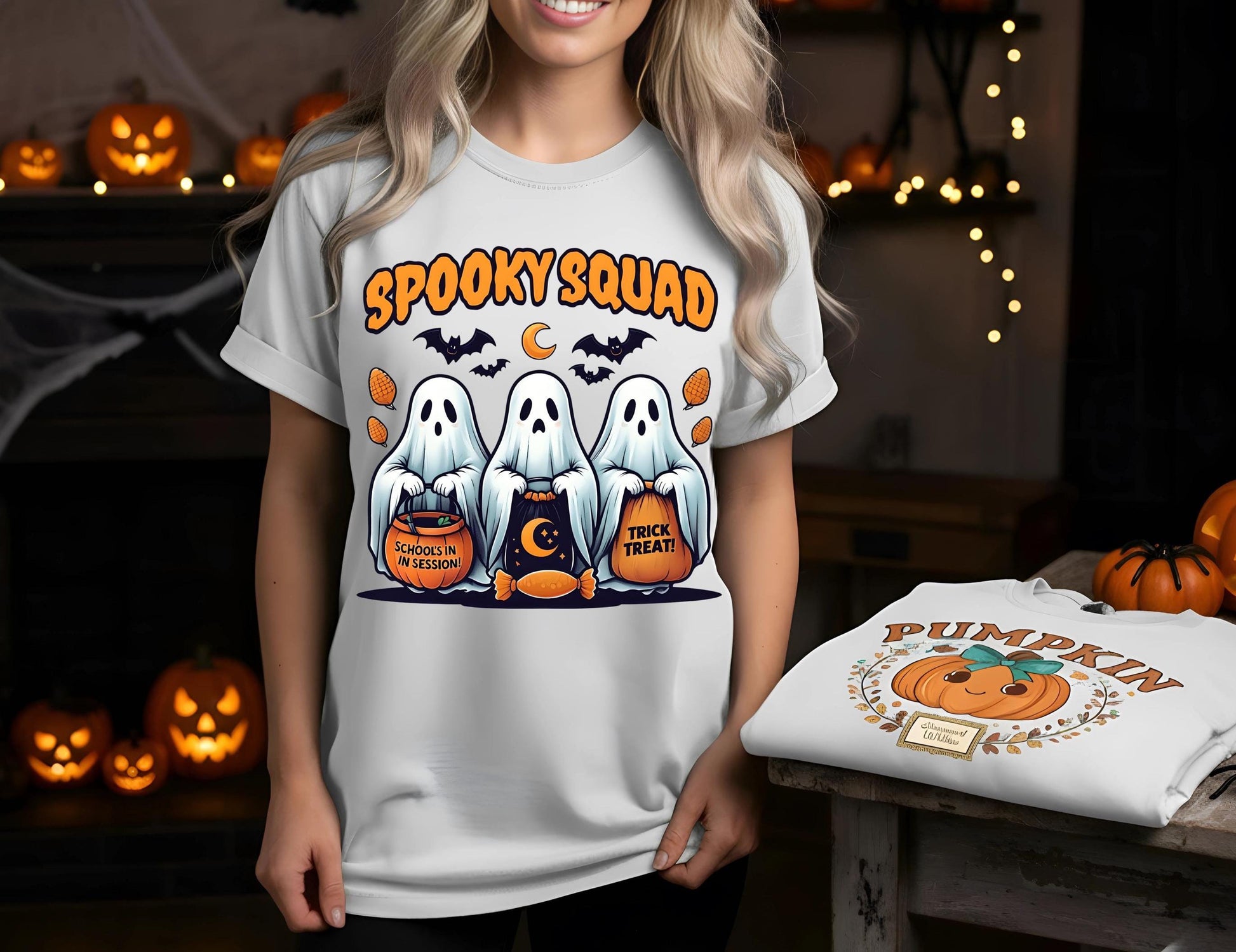 Spooky Squad Ghost T Shirt Cute Kawaii Halloween Graphic Tee Trick Or Treat Unisex Cartoon Costume Pumpkin Skeleton Style Gift For Him Her