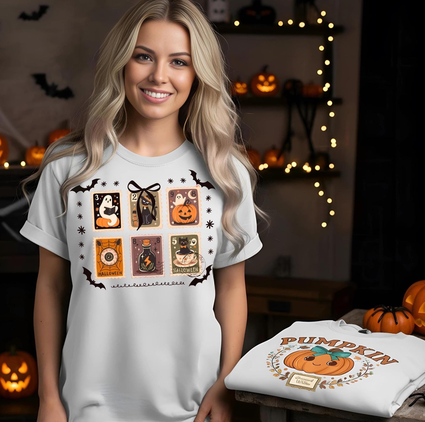 Halloween Stamps T Shirt Comfort Colors Espresso Super Soft Tee Ghost Pumpkin Witch Cat Potion Eye Graphic Unisex Spooky Season Gift
