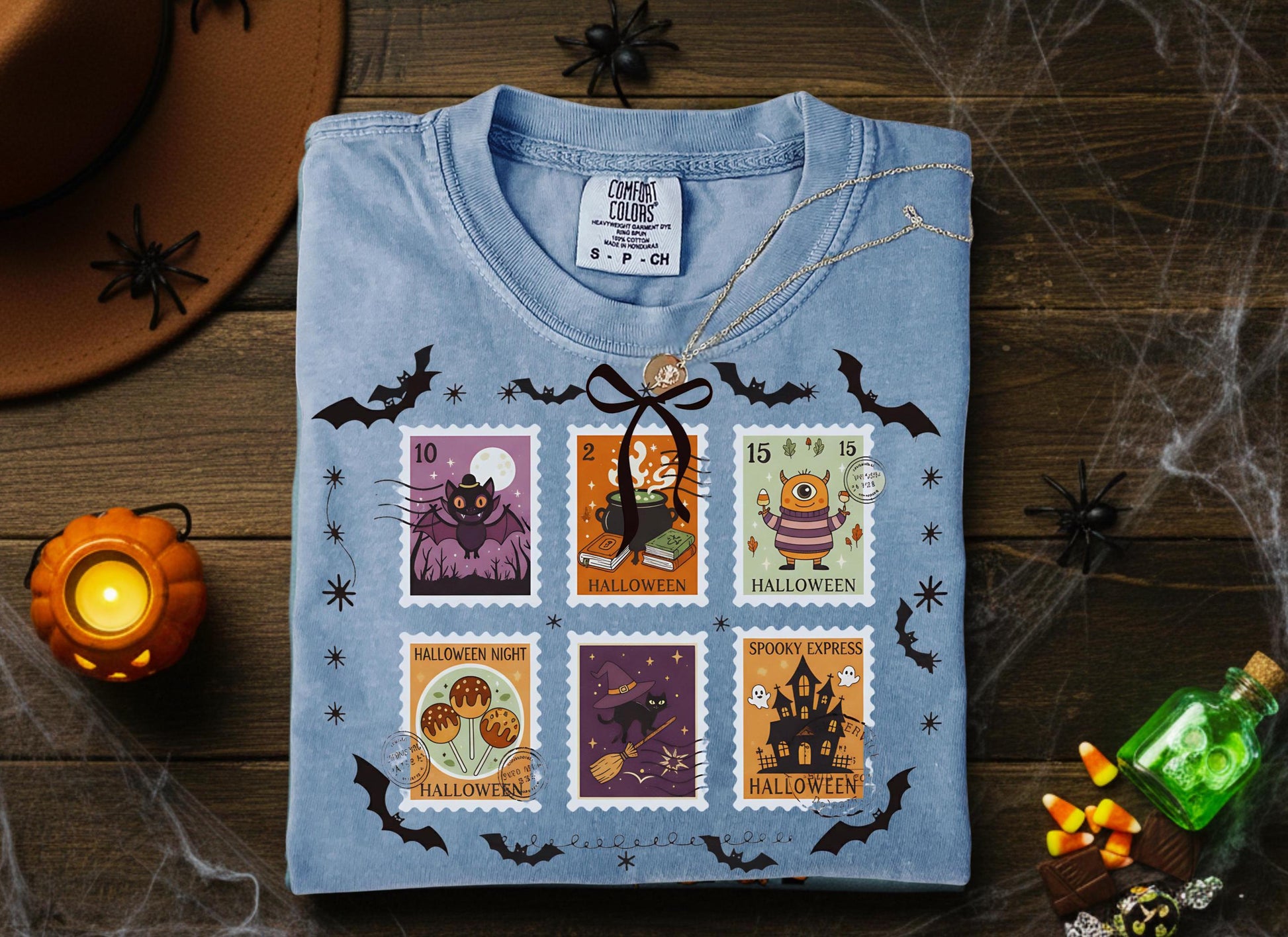 Comfort Colors Halloween T Shirt Pumpkin Orange Graphic Tee Spooky Stamps Bat Zombie Witch Haunted House Ghost Cat Potion Skeleton Gift