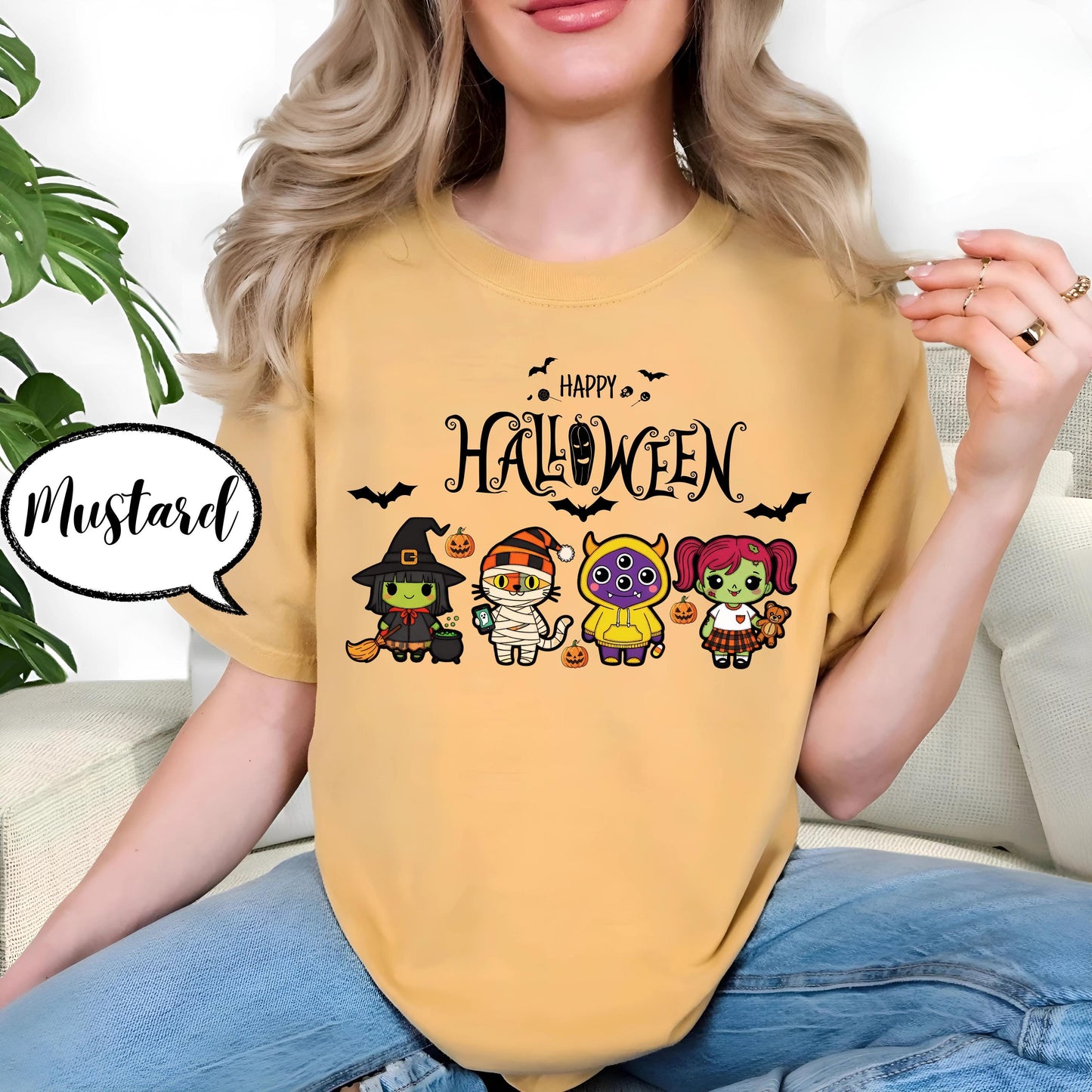 Comfort Colors® Happy Halloween Shirt, Spooky Season Tee, Cute Cartoon Witch and Mummy Top, Pumpkin Trick or Treat Graphic Shirt Unisex