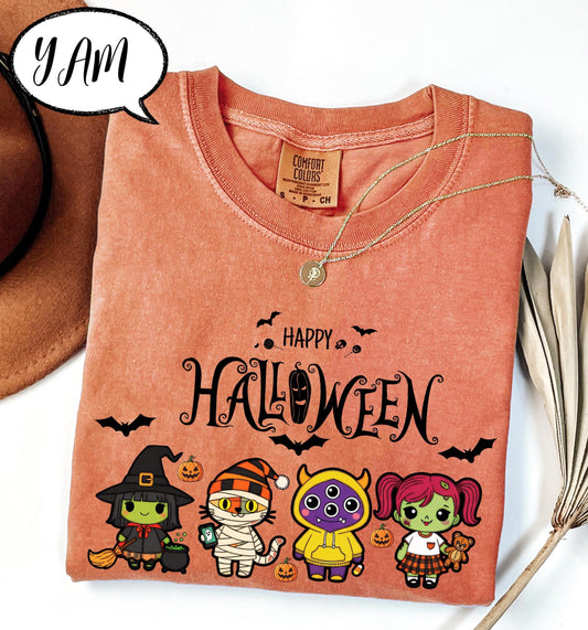 Happy Halloween Shirt, Spooky Season Tee, Cute Cartoon Witch and Mummy Top, Pumpkin Trick or Treat Shirt, Fall Graphic Tee Unisex