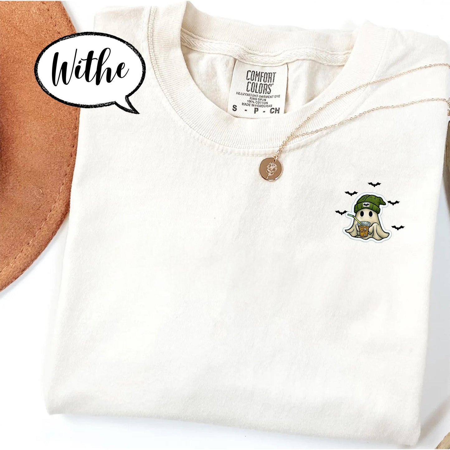 Comfort Colors® Embroidered Halloween Ghost Shirt, Spooky Season Tee, Minimal Pocket Ghost Top, Coffee Lover T Shirt, Cozy Fall Outfit