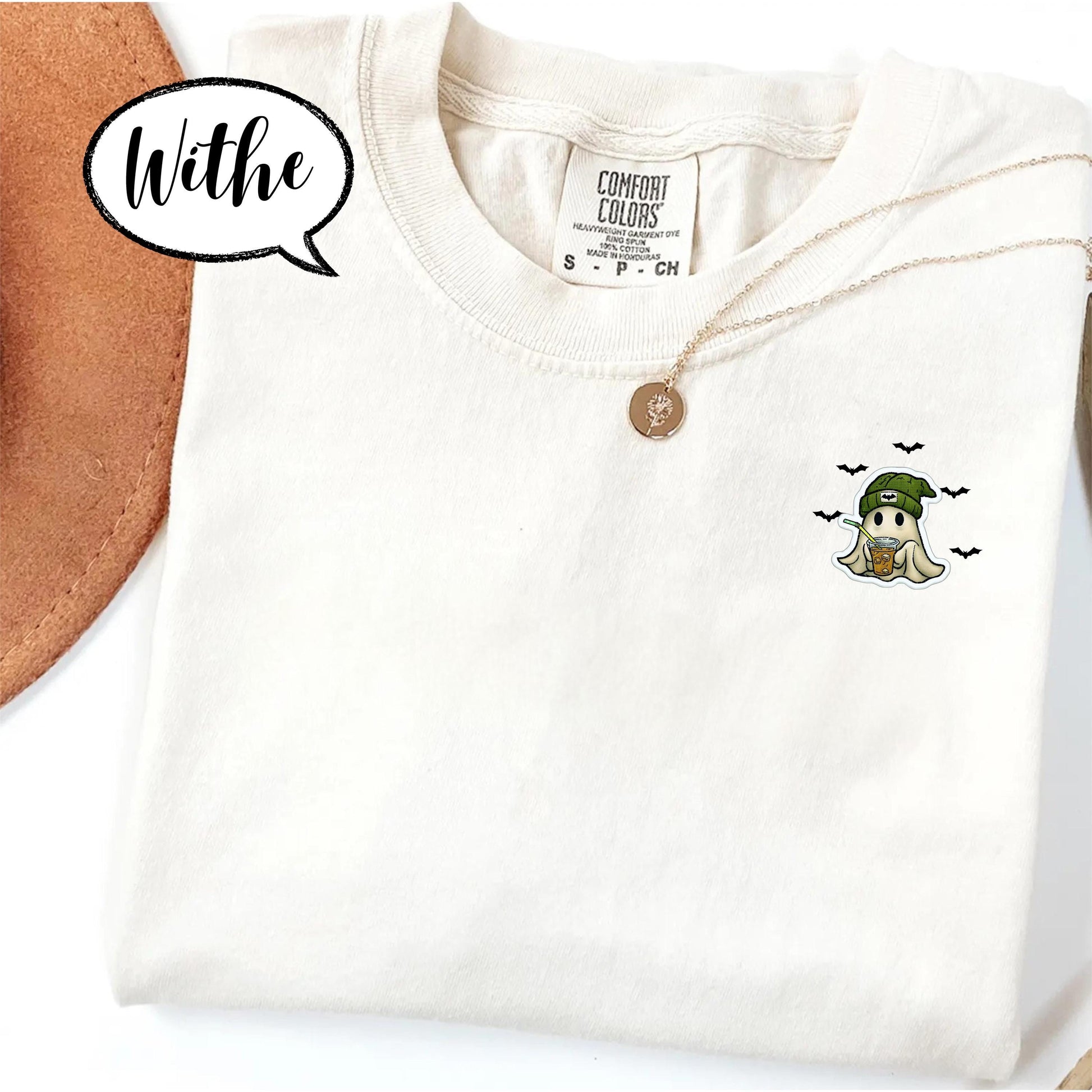 Comfort Colors® Embroidered Halloween Ghost Shirt, Spooky Season Tee, Minimal Pocket Ghost Top, Coffee Lover T Shirt, Cozy Fall Outfit