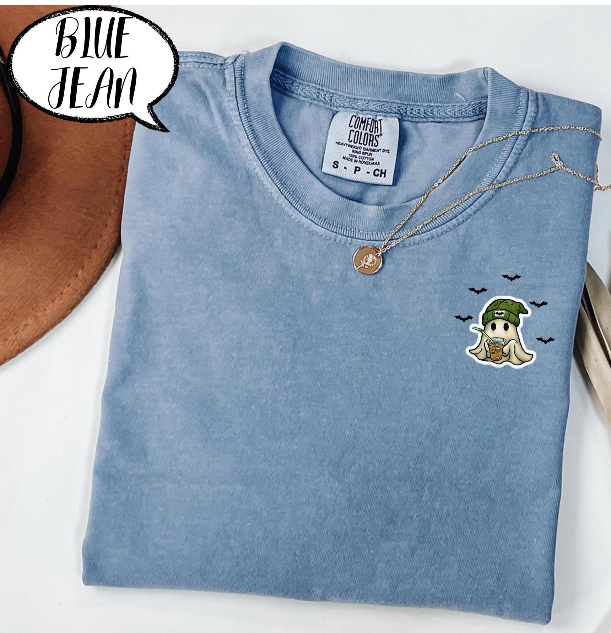 Comfort Colors® Embroidered Ghost Shirt, Minimal Halloween T Shirt, Cute Coffee Ghost Pocket Top, Spooky Season Tee, Fall Graphic Shirt