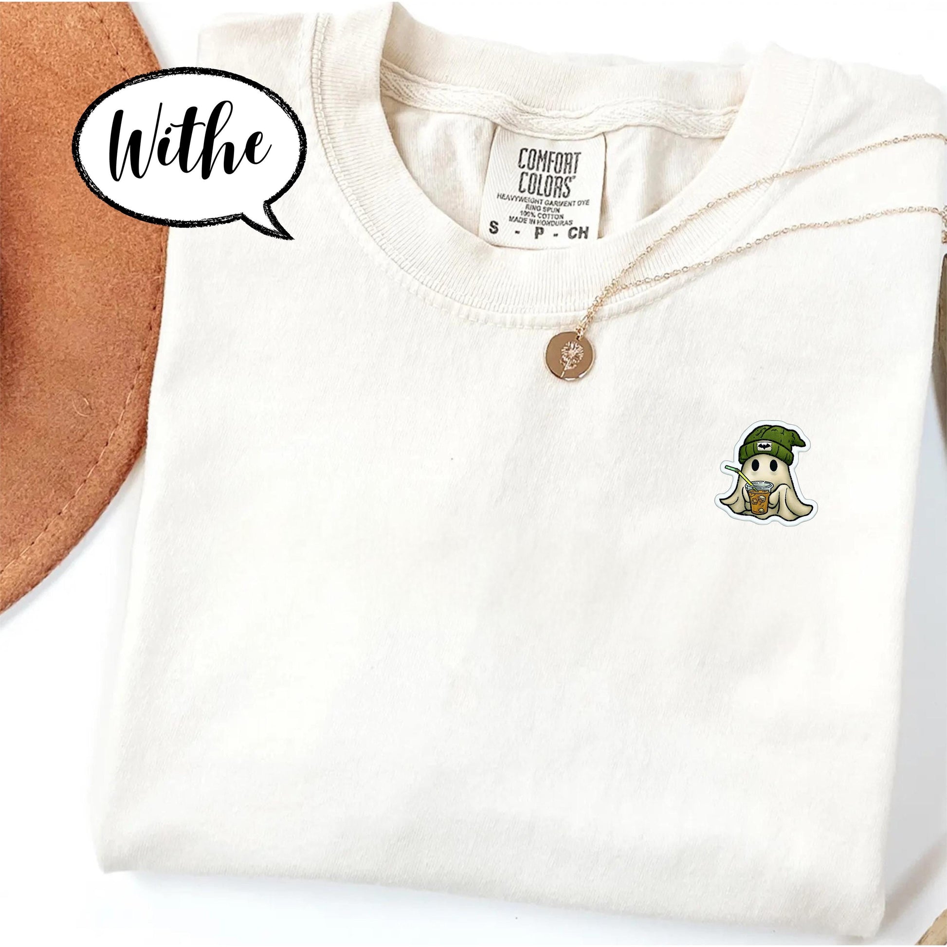 Comfort Colors® Embroidered Halloween Ghost Shirt, Spooky Season Tee, Minimal Pocket Ghost Top, Coffee Lover T Shirt, Cozy Fall Outfit