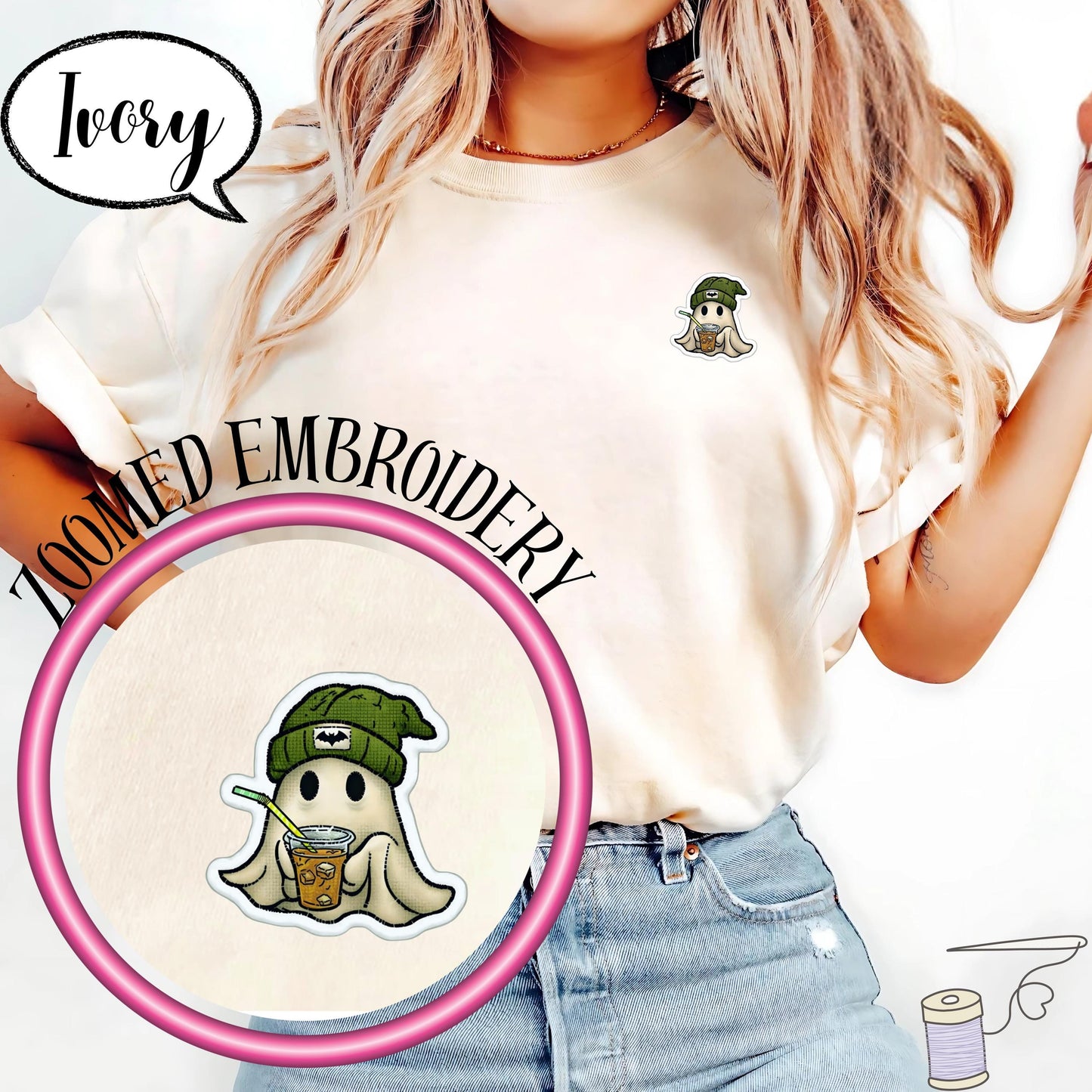 Comfort Colors® Embroidered Halloween Ghost Shirt, Spooky Season Tee, Minimal Pocket Ghost Top, Coffee Lover T Shirt, Cozy Fall Outfit