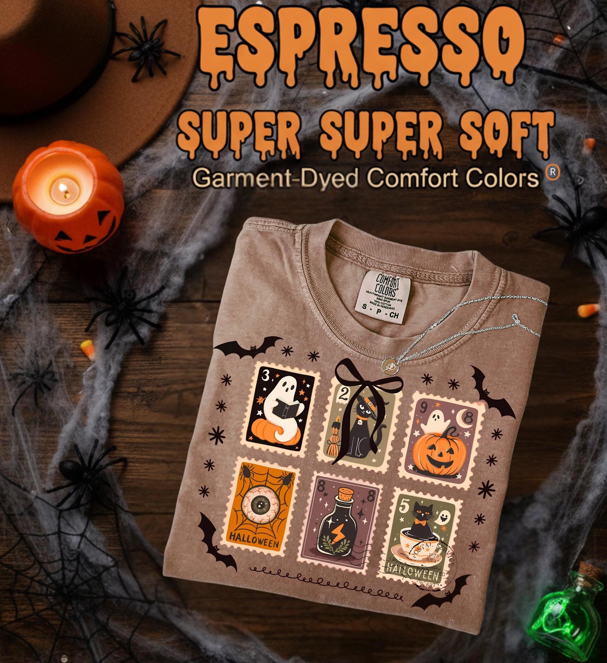 Halloween Stamps T Shirt Comfort Colors Espresso Super Soft Tee Ghost Pumpkin Witch Cat Potion Eye Graphic Unisex Spooky Season Gift