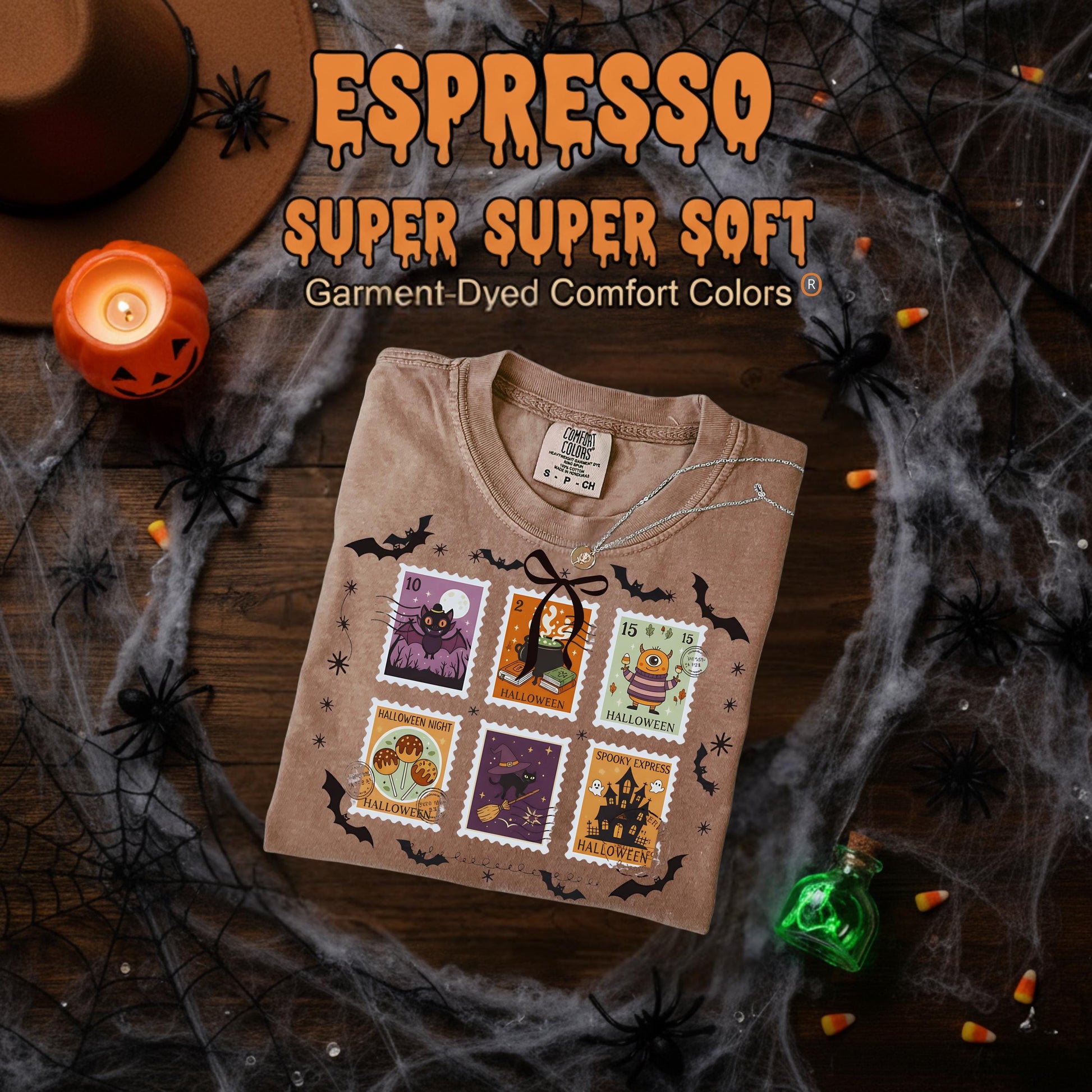 Comfort Colors Halloween TShirt Pumpkin Orange Graphic Tee Spooky Stamps Bat Zombie Witch Haunted House Ghost Cat Potion Skeleton Gift Shirt