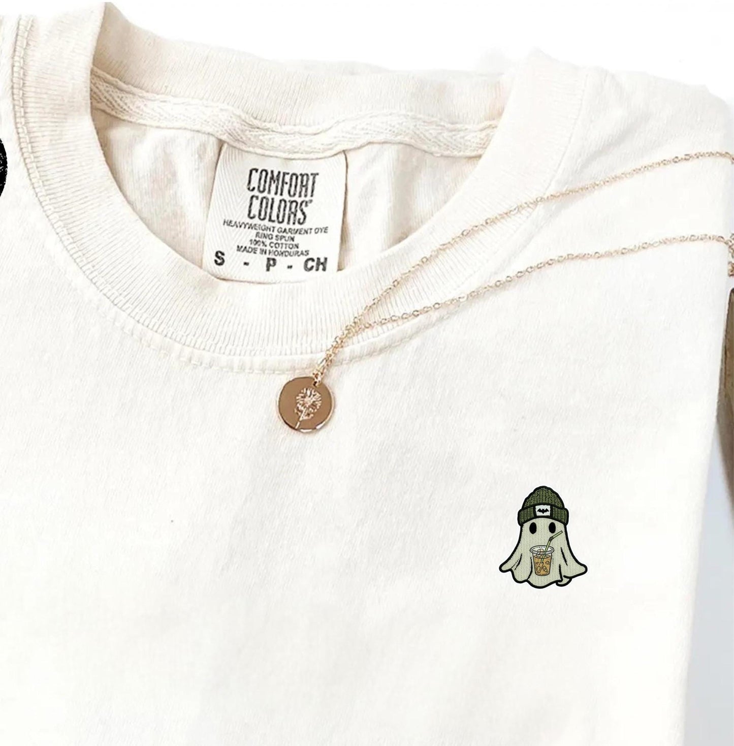 Comfort Colors® Embroidered Ghost Shirt, Minimal Halloween T Shirt, Cute Coffee Ghost Pocket Top, Spooky Season Tee, Fall Graphic Shirt